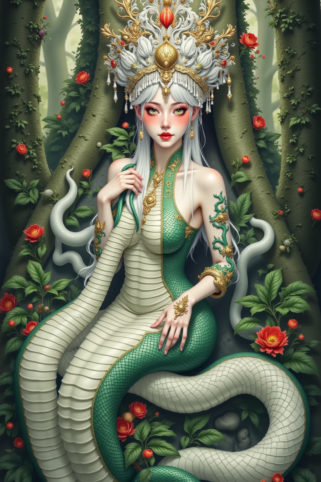  A white snake queen in the forest, The Snake Girl Portrait , white python 。gorgeous high hat， Art Sprout detailed ,  Extremely Detailed Art Sprout,   Fantasy Art Style, 