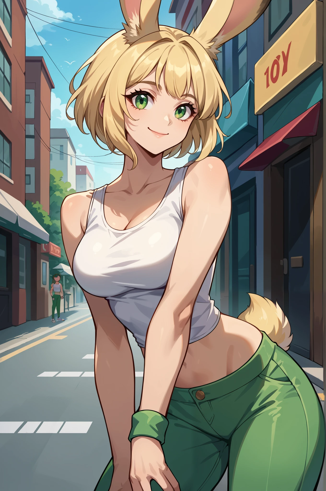 score_9, score_8_ up the side , score_7_ up the side , score_6_ up the side , source_, Viera girls standing on the street , alone, , blonde hair , GREEN EYES, split bangs , short hair, white tank top standing on the street, sleeveless, wristband, midriff, green pants , Chest, big breasted with a cross eye, up the side per body, falling to the floor is watching you, happy, smile, ( indoor, Dance Studio, simple background), Closed Mouth, portrait, Put your arm on your side