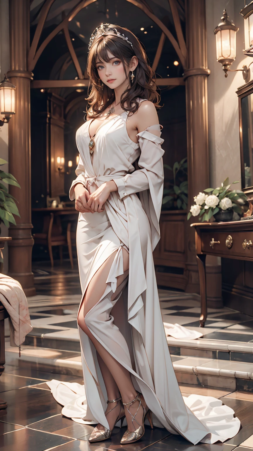 European-style decorated living room, Luxurious and sophisticated atmosphere. Exquisite interior details highlight the room's sophisticated style, Carefully considered decorative design adds the perfect finishing touch、Caucasian woman wearing a luxurious dress、Sit on a one-seater sofa、Crossing your legs、rest one's chin on one's arm