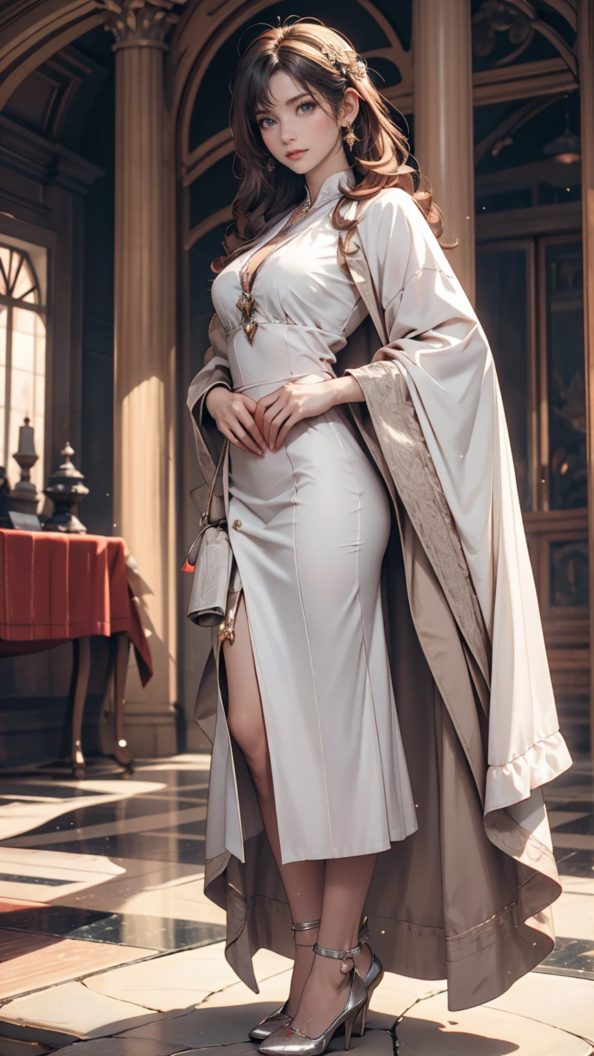 White woman、Silver Hair、Straight Hair、long hair、Sexy proportions、Big Breasts、Cleavage Emphasis、Wear an off-the-shoulder dress、Wear stiletto heels、smile、View from above、Marble floor、Inside the majestic building、Place your hands on your hips