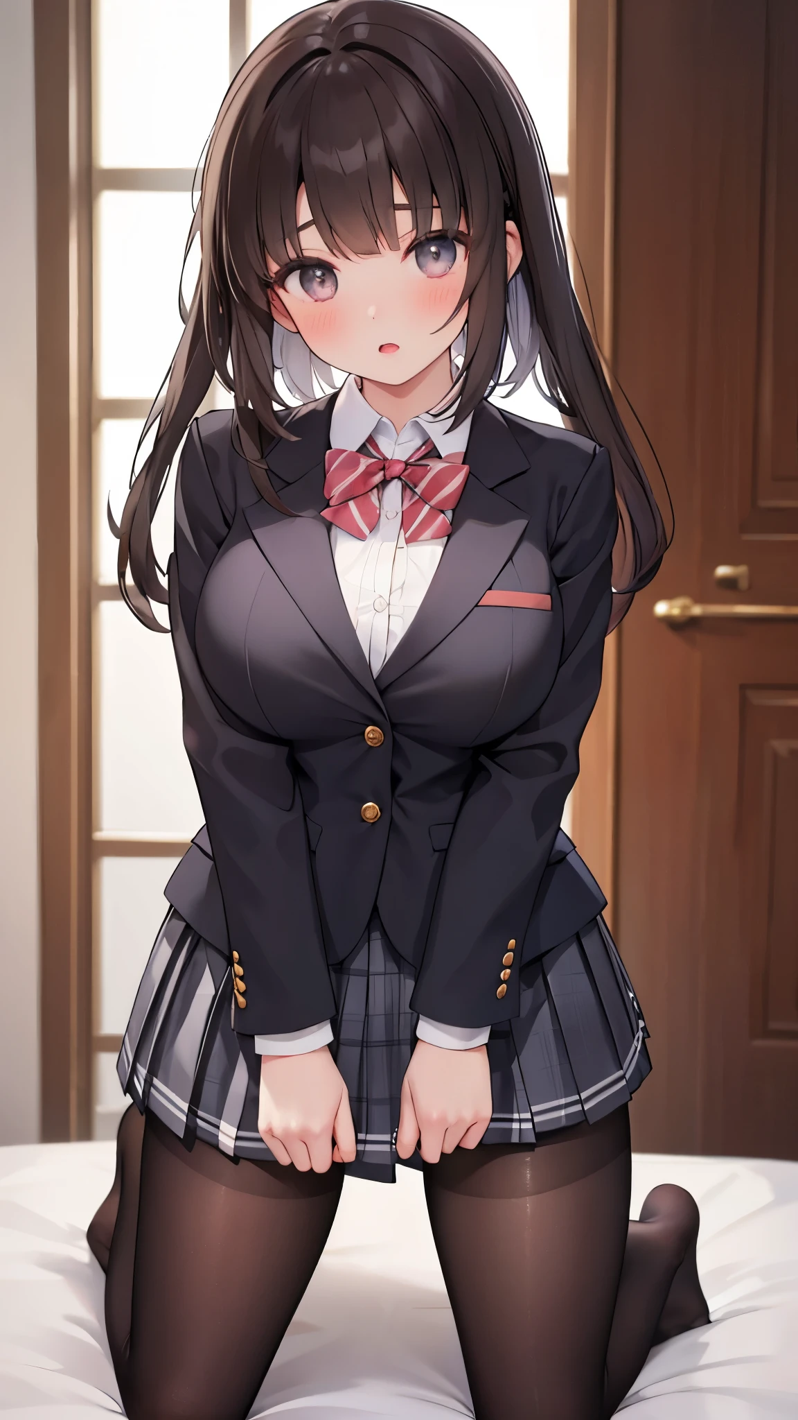 finest, masterpiece, High resolution, (Full body view from head to toe), Composition from slightly below the front, Symmetrical, 18 years old, slim and beautiful girl, alone, (huge breasts), (黒いローファー),Unkempt brown hair, bangs, (black tights), (black pantyhose), tied up with both arms hidden behind the back, , blush, shy big eyes, looking at camera, blazer uniform, plaid pleated skirt、Black knee-high socks、(sexual climax):1.2, nose blush, open mouth,Pantyhose pull、 Bare Breasts、 pull out the nipple