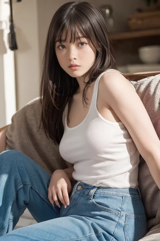 Open shirt, (((Leaning forward))), ((,Round face, Around ,mini skirt、loose tank top)), Long Hair, , Natural Makeup, Lips become thicker, Sexy Gaze, barefoot, ((Raise one leg)), Shooting from below,Gentle expression ,((Extremely precise and accurate anatomy)), (masterpiece:1.43), Perfect proportions, Realistic photos, Full Shot, whole body, (height: 165cm),