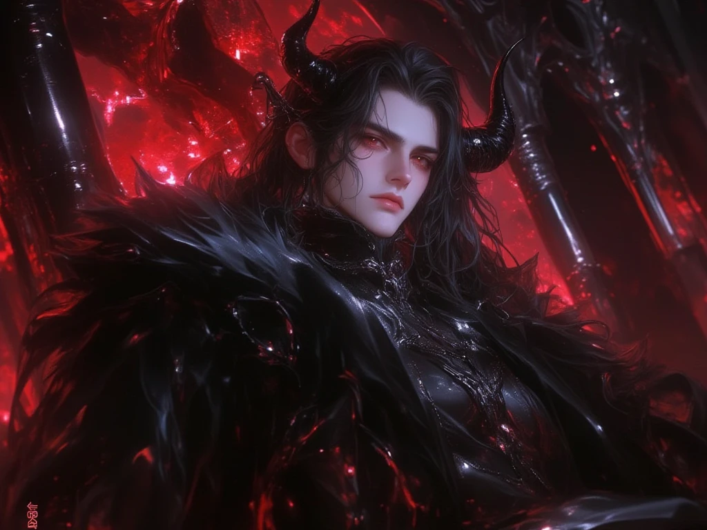 Demon with human face, horns, and a red forked tongue.red eyes and earrings on the ears. With long, black claws, best quality , masterpiece, high resolution, 4k, male