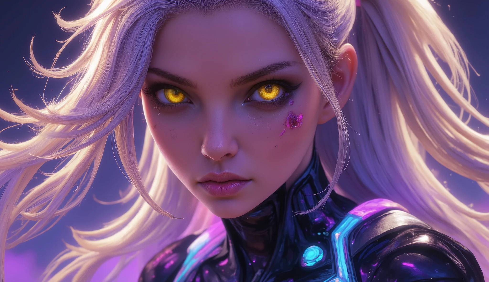 (high quality, 8k, 4K, High Contrast, masterpiece:1.2, 最high quality, Best aesthetics), 1 female, (Realistic skin texture:1.3),Optimal，masterpiece，High resolution，最high quality，Hyper HD，Super Detail，Awards，16K，solo，（（Upper body）），（（Broke Tomical Correct，Beautiful Cyberpunk Girl，Cute Face，，Gradient Beige Hair，Hairline，（（Dark golden eyes）），Long eyelashes，Drooping eye corners，Fair skin，（Small breasts），（slim），（（Women&#39;s Extra Short Shawl Leather Jacket）），（（goth style，racer_Bitch Suit）），（（）），Earrings，（Neck strap），（Laser material clothing：1.2）