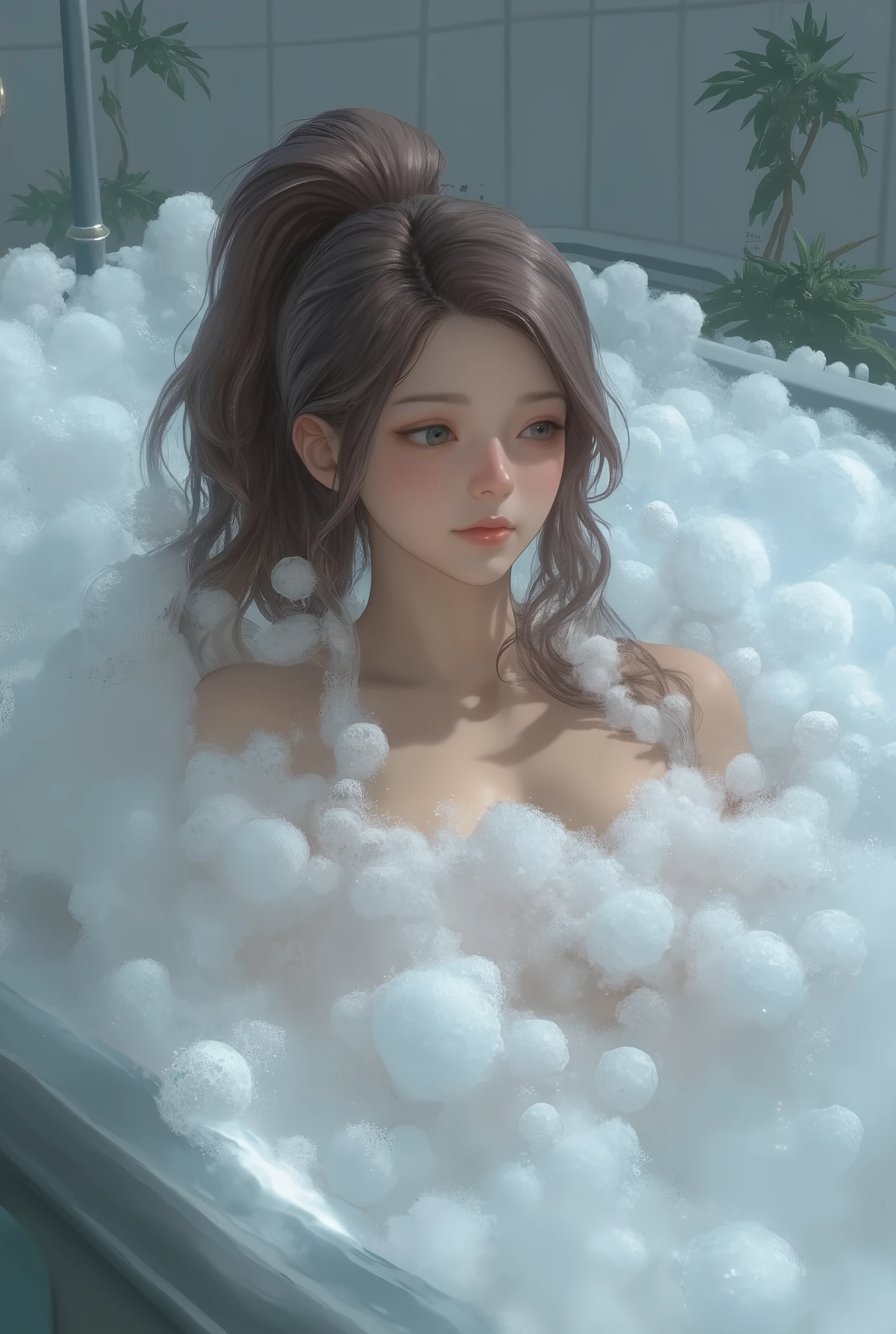 draw a beautiful Viera female manga , Hair, Woman with bangs, the hair is gathered in a ponytail. blue eyes. Elle prend un Bubble bath. she is relaxed . Bubble bath. bubbles are overflowing out of the bathtub . arms are placed on the edge of the bathtub ., nudity