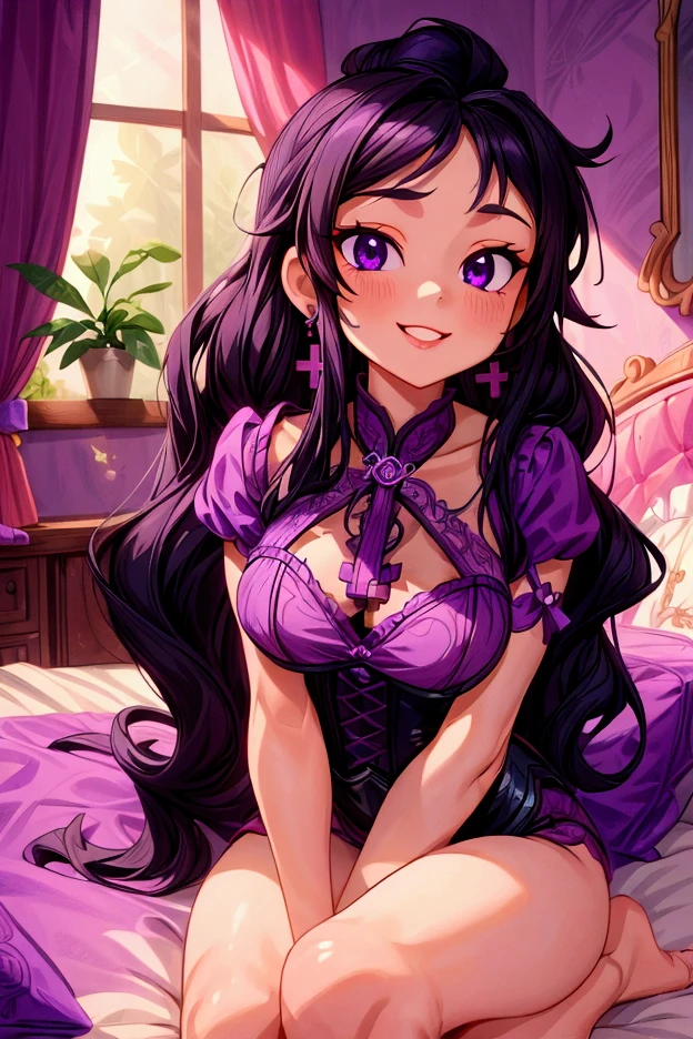 ((Best quality)), ((masterpiece)), (detailed: 1.3)
Beautiful woman, one girl, very detailed eyes, very detailed hair, very detailed clothes, very detailed face.
((Purple eyes)), ((black hair, long twin pigtails, wavy hair, long side bangs)), ((elf ears)), heart earrings, piercing, tanned skin, ((pink short dress, off shoulders)), large breasts, cleavage, open clothes, thick ass, choker, heart necklace, beautiful eyelashes, sultry eyes, juicy lips, soft blush, smooth skin, freckles, natural eyebrows, smiling.
Posing sexily, provocative, looking at viewer, in love with viewer, cinema lighting, sitting, bedroom, pink walls.