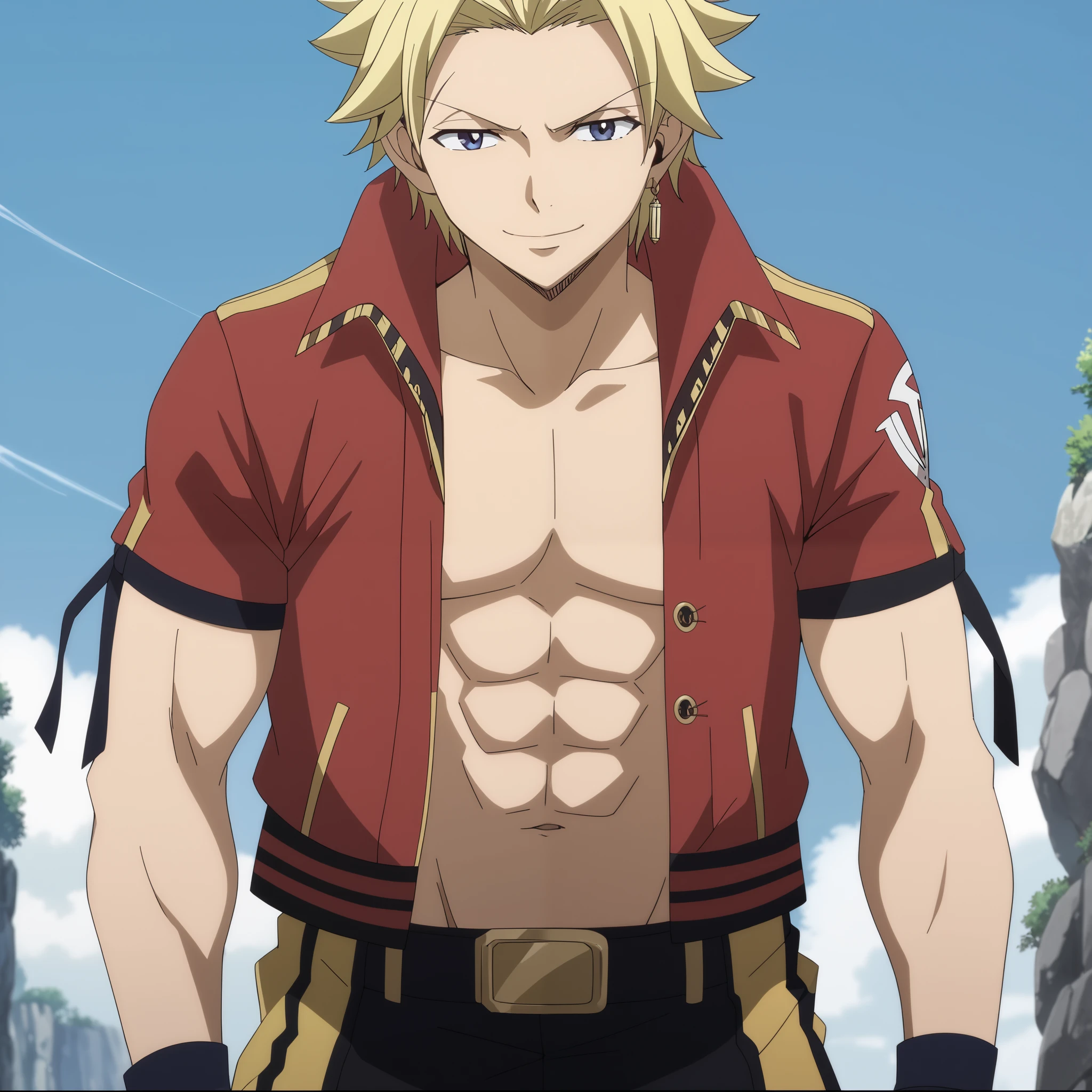 score_9, score_8_up, score_7_up, source_anime, StingFT, Sting blonde hair, light yellow Sting, 1boy, male focus, anime screencap, a red men's jacket with gold details, which fits his athletic figure. Underneath, he wears a black long sleeved T-shirt. His pants are dark and tight fitting, and he completes the look with white fingerless gloves that add a modern touch. He also usually wears a belt with a decorative buckle. perfect skin, happy, closed mouth smile, smiling, front view, frontal portrait, close-up, looking at viewer, sky background with soft shadows, soft blue lighting highlighting his features, high-quality anime details, vivid colors, official style