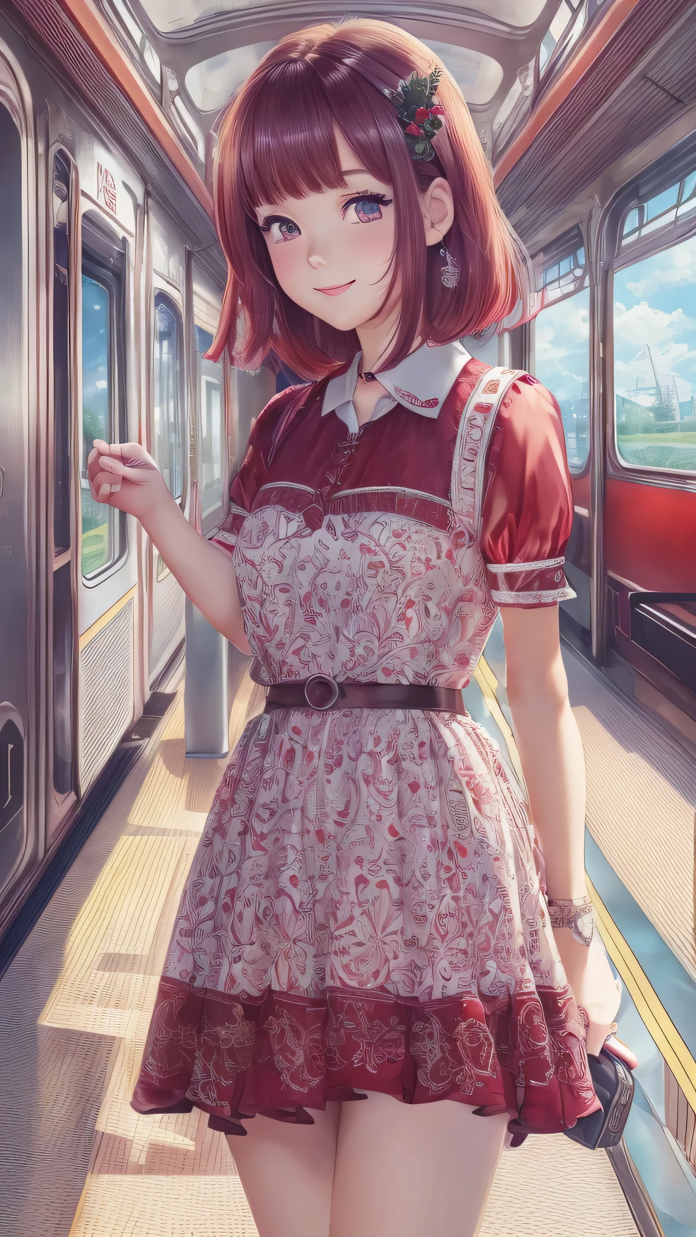 masterpiece, top quality, illustration of a train, Super Detail, fine detail, high resolution, 8k wallpaper, perfect dynamic composition, beautiful detailed eyes, red dress women's fashion summer, maroon hair、 short bob, natural color lips, bold sexy poses while watching porn videos,smile,Harajuku、 20 year old girl、 cute、 staring at the camera