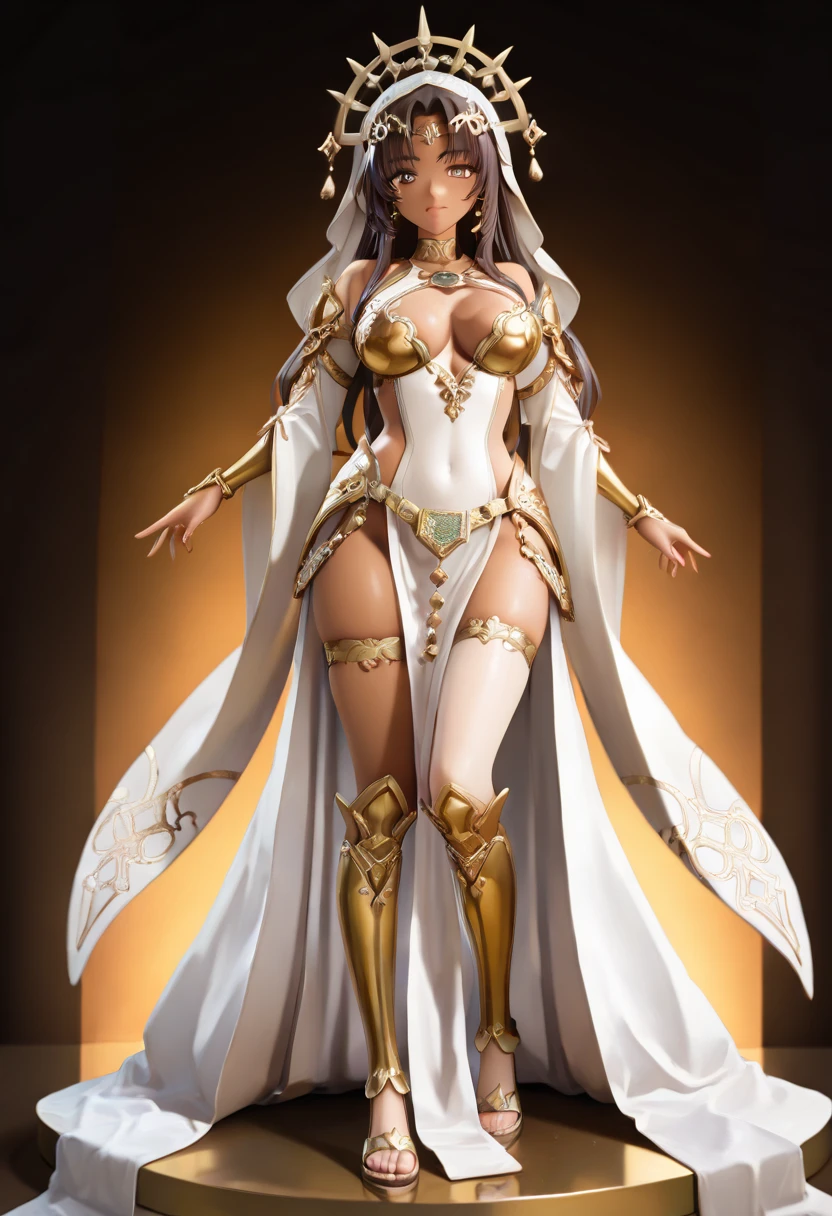 (8k), (Highest quality: 1.2), (Realistic), (Realistic: 1.37), Ultra-high resolution, 1 person, cute, Smiling face, Beautiful details, narrow, (Large Breasts), Golden cloak, Golden Sword, Golden Mecha Heavy Armor, transparent, Sexy muscular female body, whole body.Long, slender legs、Glowing Sword、whole body、Floating in the sky
