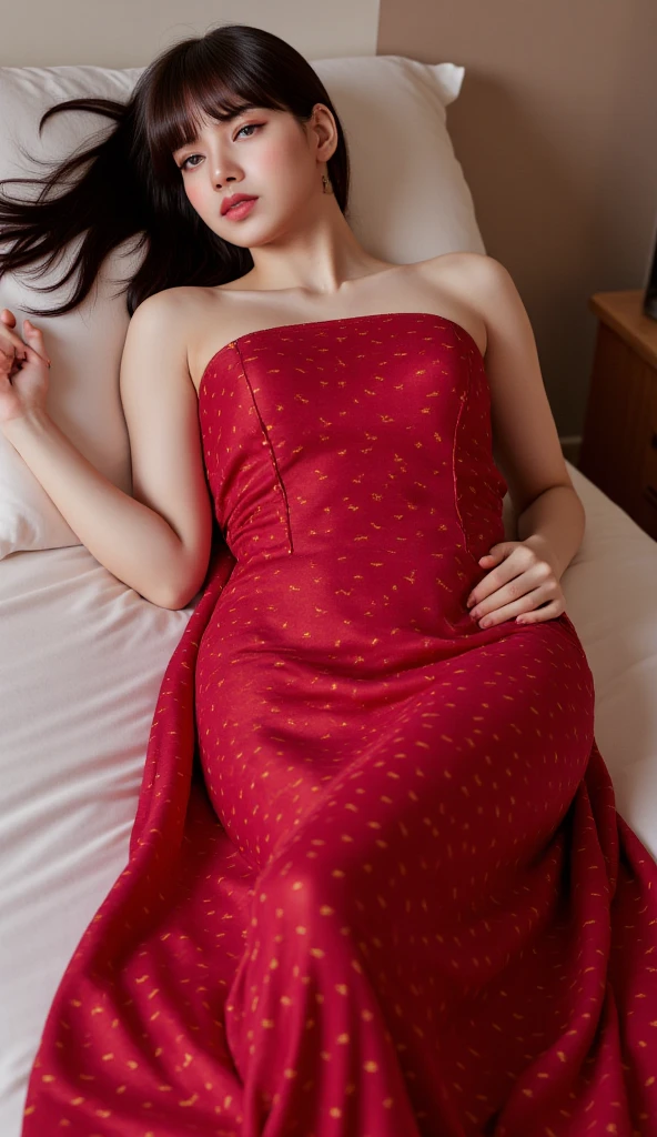 The only clothes I wear are my bed sheets、The background is an ordinary room and a bed.、The pose is lying down, but with legs bent towards the viewer, exposing the crotch.、One Japanese woman、Long hair、She has a beautiful face and a straight nose, but she looks a little young.、Parallel double eyelids、A shy smile、The body is fleshy and makes you want to touch it、highest quality