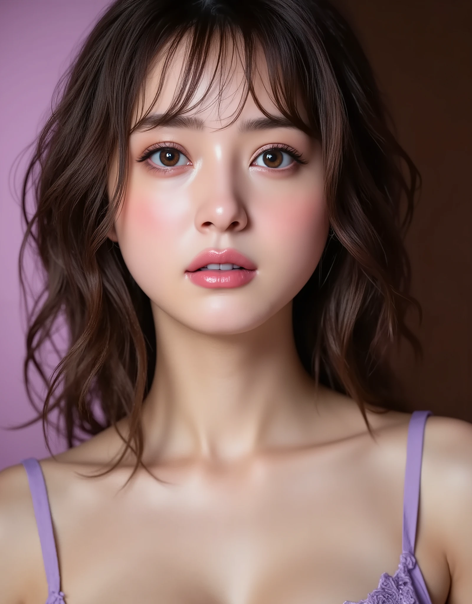 NSFW, (Highest quality), (Ultra-precise CG 16K wallpaper), (Realistic: 1.6), (High saturation), (Sharp), Beautiful detailed shading, Beautiful natural lighting, Beautiful detailed glow, Bright sunlight in the daytime, Natural light, Depth of field, (Mature 24 year old woman, One person: 1.6), (Very beautiful Japanese face), (Sasaki Nozomi), (Curly wavy medium hair, bangs: 1.6), (Shiny black hair), (Sparkling eyes), (C cup size breasts, cleavage: 1.6), (Beautiful breasts), (Beautiful legs), (Beautiful skin), (Dimpled belly button: 1.6), Beautiful proportions, (Half-open mouth and crying face: 1.8), (Looking at me: 1.6), (Wearing light purple lace bikini lingerie: 1.6), (Wearing lace choker), (Standing pose: 1.6), (Darkroom, light pink lighting), (Full screen image:1.6), (image from head to thigh:1.8), (image of a woman seen from the diagonal front:1.6), (a woman standing in a dark room with light pink lighting late at night:1.8),