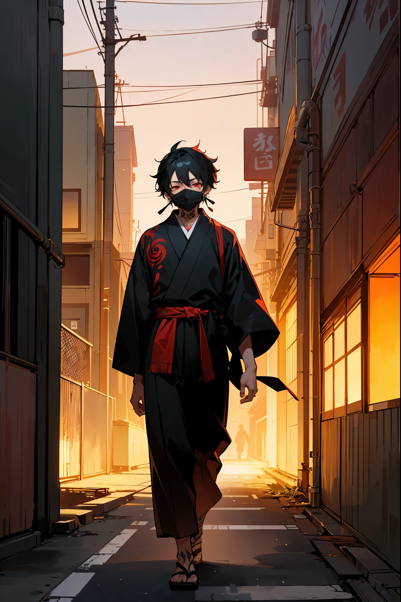 oniNFT, mask, japanese clothes, solo, kimono, lantern, sword, floral print, weapon, male focus, night, upper body, 1boy, glowing, black kimono, paper lantern, brown hair, outdoors, katana, glowing eyes, blurry <lora:oniNFT-block:1>