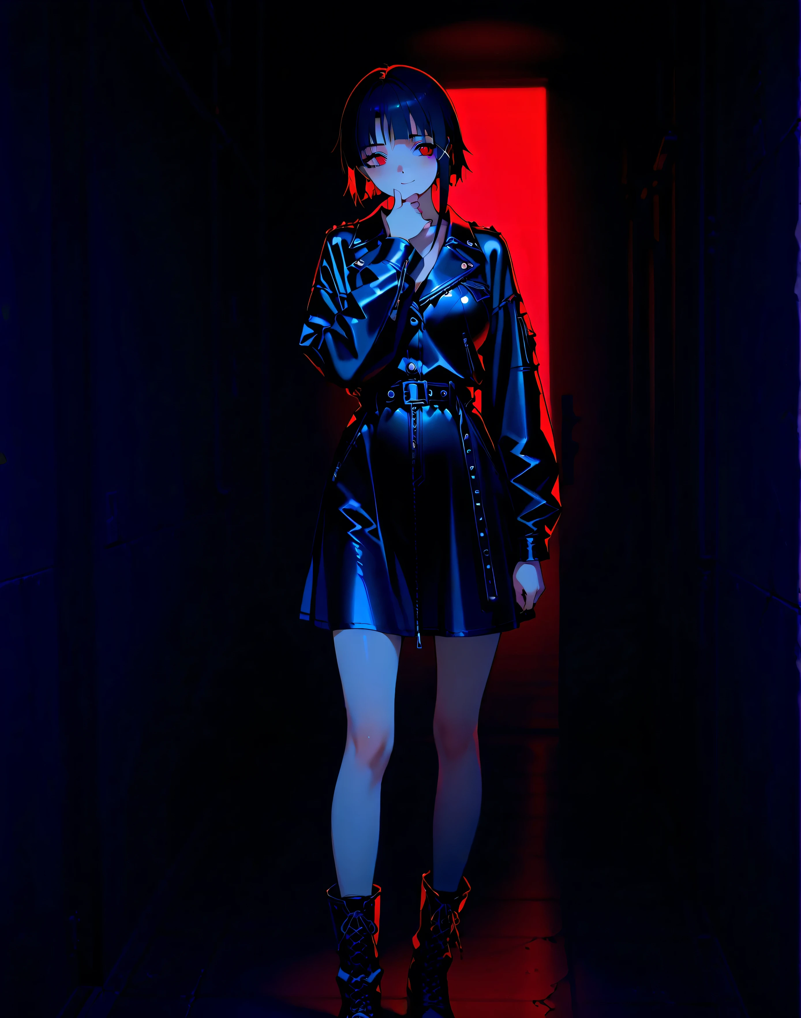 masterpiece: 1girl, {extremely_beautiful_detailed_anime_face}, {studio lighting:1.5}, {backlighting:1.5}, depth of field, {standing:1.5}, good girl, big-breasts, {ultra-detailed:1.9}, (Refined-details-on-the -face),(Perfect-and-detailed-eyes)
,(Open-and-detailed-smile),(detailed-body),(High-quality-in-texture-and-colors-of-the-skin) , (Highly-defined-landscape-and-environment)
A manga-style portrait of Lain Iwakura from "Serial Experiments Lain," drawn in the artistic style of Yoshitoshi ABe. Lain is staring directly at the camera with a serious yet sexy gaze. She is wearing a fitted leather jacket, a short 90s-inspired skirt, and punk-style boots, paired with a low-cut top. The outfit reflects a punk aesthetic, emphasizing sleek and edgy design. The background is completely black, creating a sense of mystery and contrast. Her pose includes one hand gently resting on her chin, giving a thoughtful yet confident vibe. The lighting is subtle and soft, highlighting her face and outfit in the dark atmosphere. Clean and polished, yet retaining the hand-drawn essence of Yoshitoshi ABe’s signature manga style.
cuerpo completo