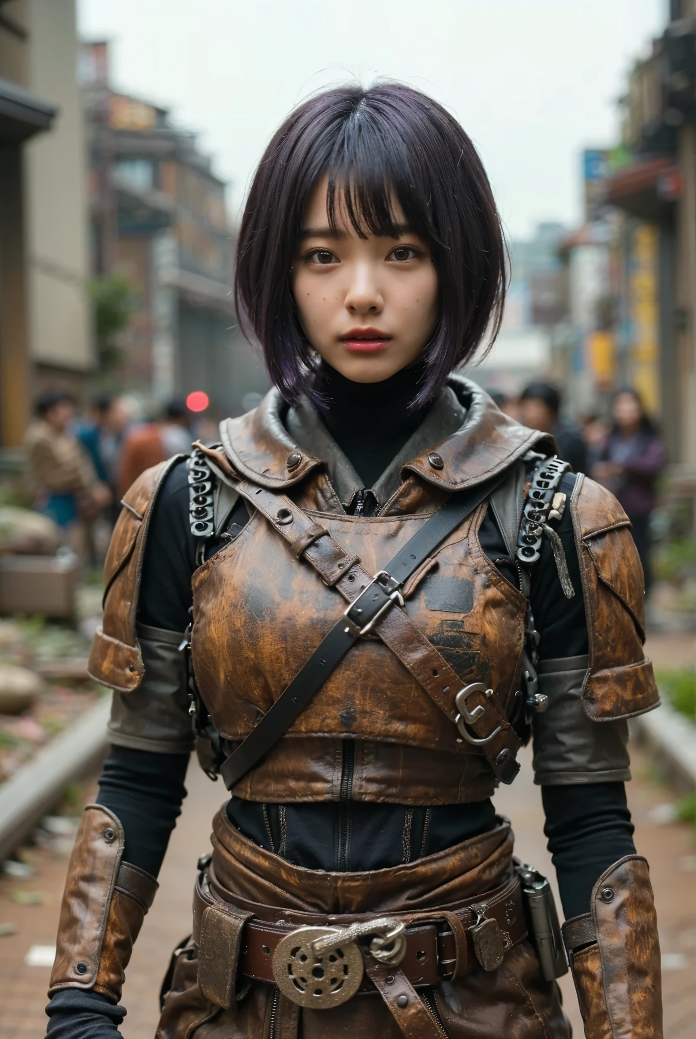 (Completely live action:1.37), (Amazingly realistic textures:1.37), (masterpiece, best quality:1.2), (8k uhd, 16k, 32k, ultra high res), amazingly realistic skin, amazingly realistic photo, superrealism, (photorealistic:1.37), (RAW photo), ultimately realistic, (ultimately realistic all details), (ultimately realistic all textures), super realistic lighting, super realistic shadow, (japanese girl:1.5), ((young face)), smiling, happy, super realistic face, ultimately realistic skin, ultimately realistic eyes, (mascara:1.35)ultimately realistic background, ultimately realistic detail up, kkw-ph1, ((drooping eyes, cyberpunk-style cyborg girl, amazingly intricate details, Anatomically perfect hands, mechanical body, silver knight armor, ultra glossy texture, purple hair))