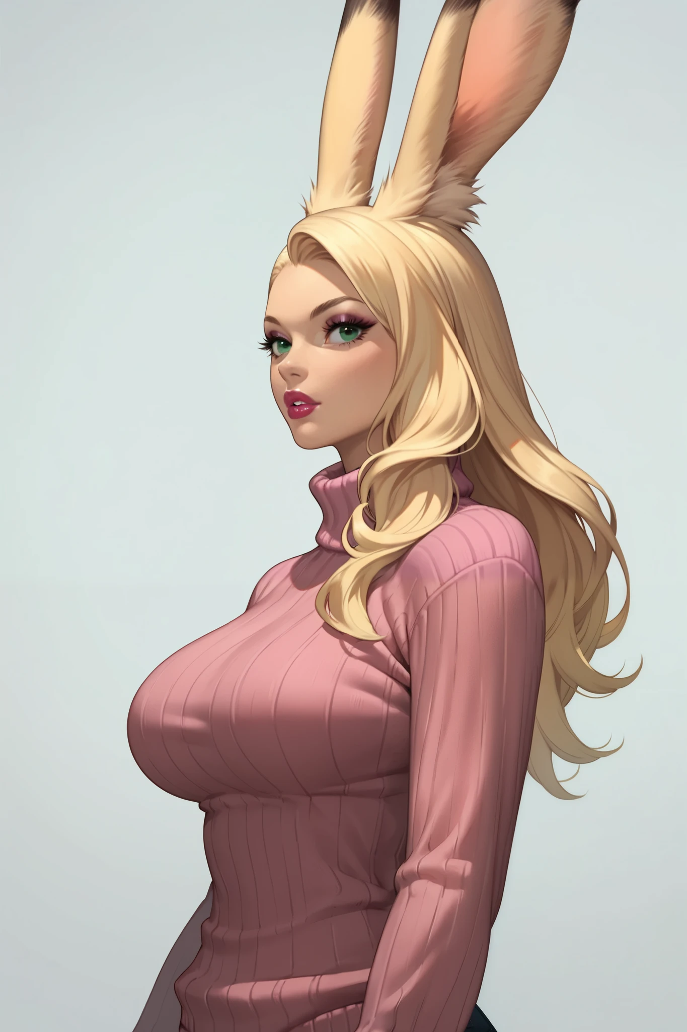 score_9, score_8_ up the side, score_7_ up the side, 1 girl,Alone, up the sideper body, staring at the viewer , white background, plump long blonde hair , viera, make up the side , Parted lips, lipstick, eyeliner, bimbo, Gal girl , big size, sweater , mint green eyes