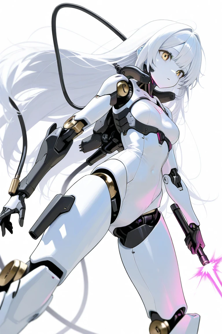 masterpiece, best quality, pink eyes, (hair over one eye1.1), 1girl, long hair, mechanical arms, large breasts, long hair, white hair, prosthesis, looking at viewer, prosthetic arm, (Jungle canopy with wildlife background:1.2), (bikesuit:1.2, (Pretending to play a tennis shot :1) , , , , <lora:Usagi-008-000008:0.8>