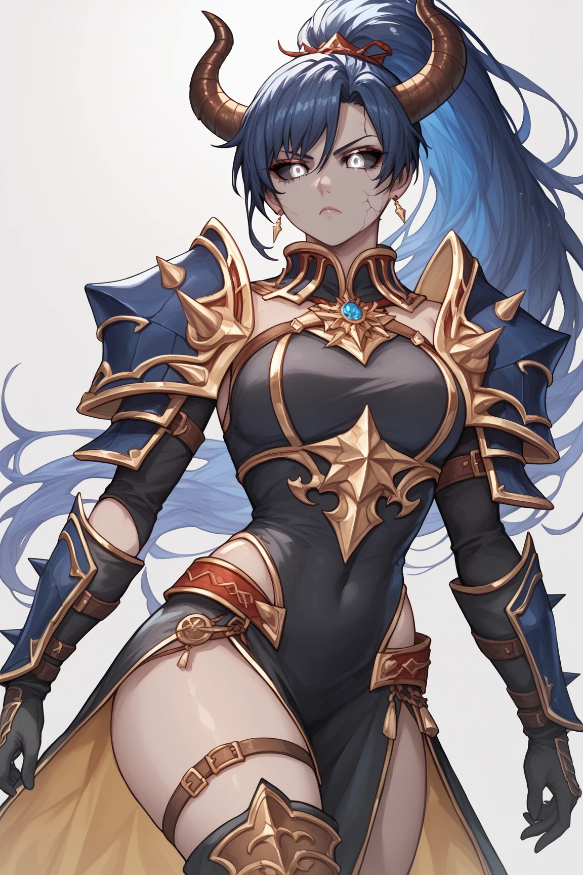 ((Masterpiece, Best Quality)), Felicia, Blue hair, Green eyes, cat eyes, Cat tail, busty, big breasts, big ass, happy, smile, white heavy armor, gauntlets, graves, in a fantasy city, illustration, ultra-detailed 8K, realistic, clear focus, highly detailed, professional lighting, colorful details, colors BREAK,