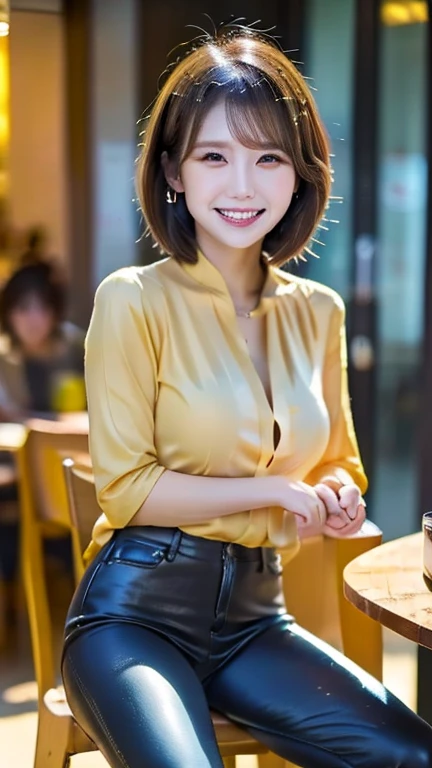 (leaning forward,hands on knees:1.8),The skin is wet from sweat, female secretary,Wearing a yellow business jacket,Wearing an inner,,Cleavage,Hotel reception,indoor,smile、skirtリフト、skirtを手で上げる,woman, 20-year-old, Black short hair、bangs、(skirt),(White lace panties)、Cute earrings