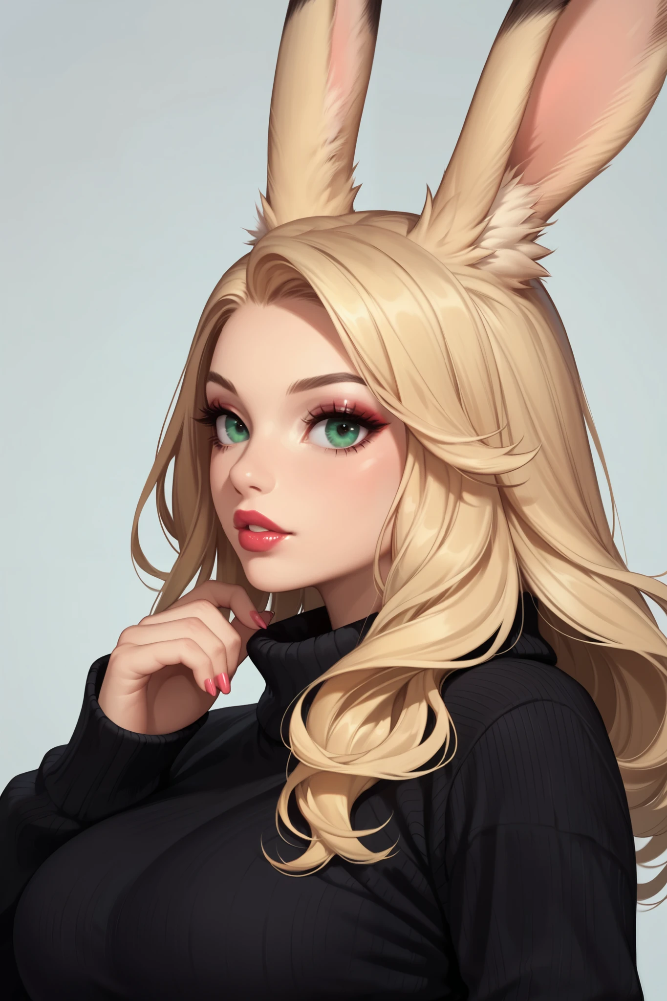 score_9, score_8_ up the side, score_7_ up the side, 1 girl,Alone, up the sideper body, Depiction of a face expressed down to the smallest detail, Detailed Eyes 、Detailed faces、Hair drawn down to the smallest detail , staring at the viewer , white background, plump long blonde hair , viera, make up the side , Parted lips, lipstick, eyeliner, bimbo, Gal girl , big size, sweater , mint green eyes