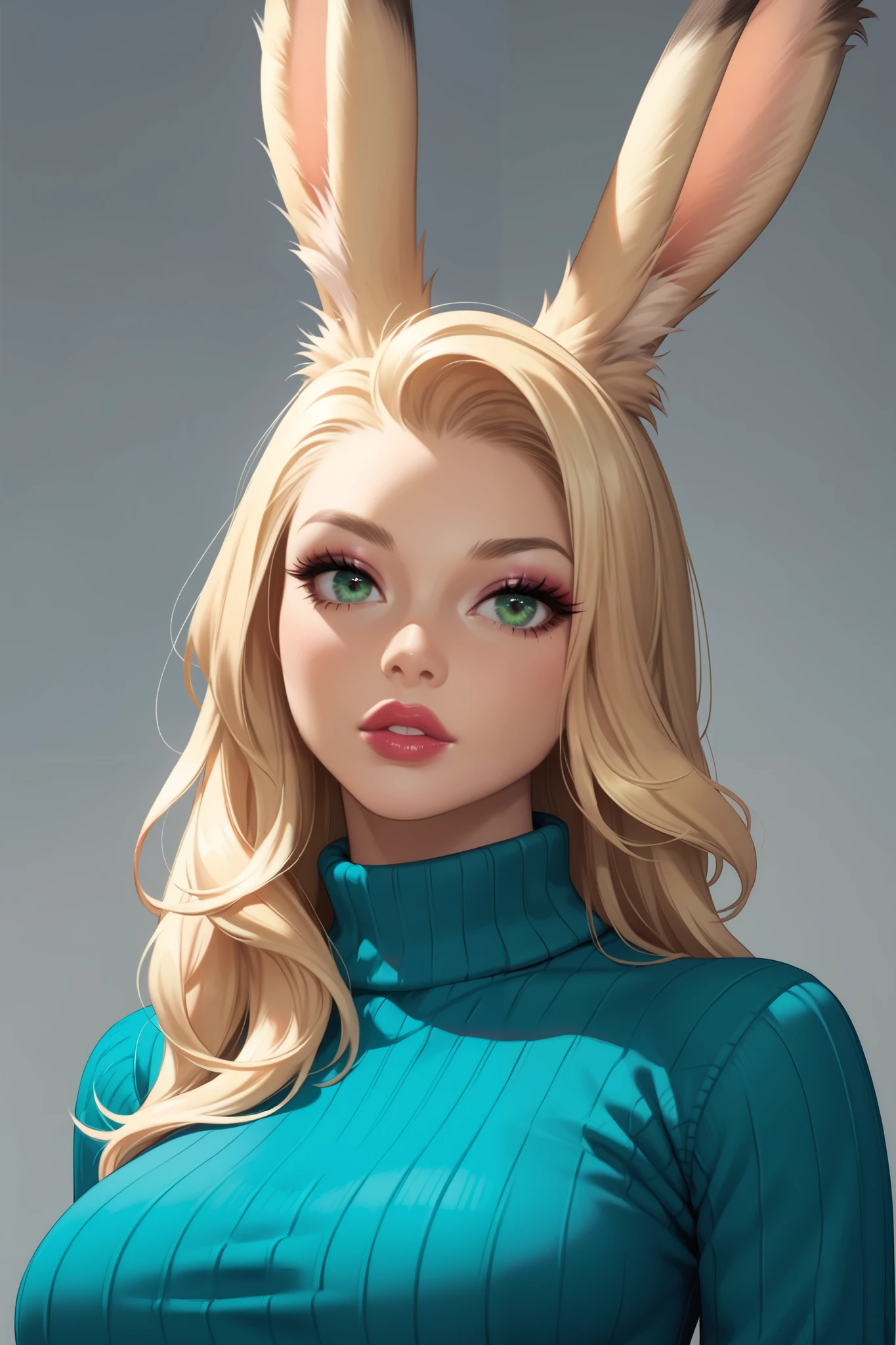 score_9, score_8_ up the side, score_7_ up the side, 1 girl,Alone, up the sideper body, Depiction of a face expressed down to the smallest detail, Detailed Eyes 、Detailed faces、Hair drawn down to the smallest detail , staring at the viewer , white background, plump long blonde hair , viera, make up the side , Parted lips, lipstick, eyeliner, bimbo, Gal girl , big size, sweater , mint green eyes