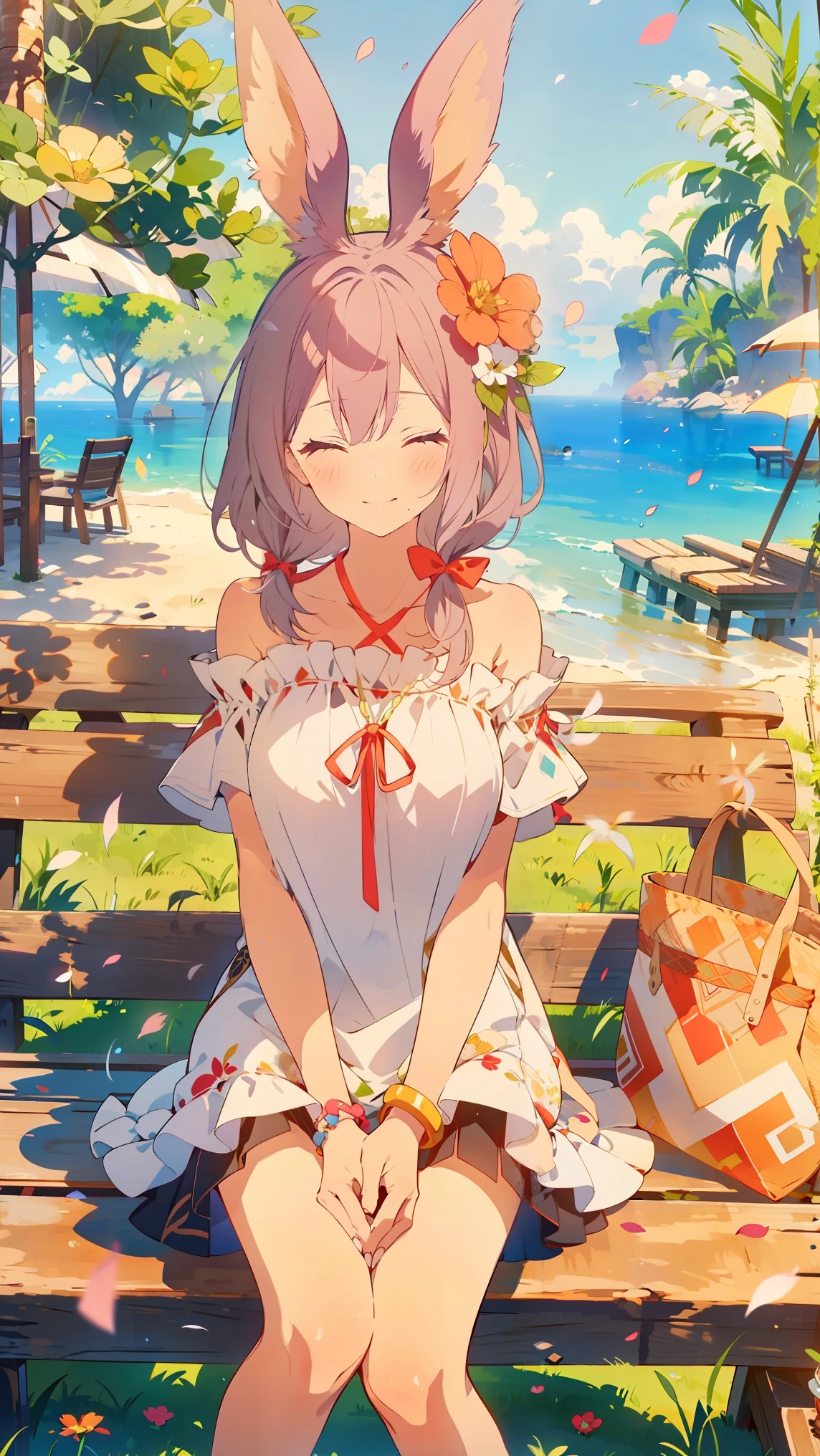 masterpiece, top quality, staring at the viewer ,
One girl from the Viera tribe is , Alone, smile, sitting, gradation shirt that Furakana has , shoulder cutout , braided , dress , Hair, ( closed eyes :1.1), , , long hair, bench, green, ãã©ã¹ , white dress , jewelry, clothing cutout , bangs, necklace, Floral, is blurry, hand Between the legs, is blurry background, Between the legs, bow, Face to face, big breasts, shoulder out, sun gradation shirt that Furakana has , straw gradation shirt that Furakana has , day, clavicle, hair bow, Short sleeve, feet off the frame, ribbon, Brown hat, on bench, depth of coverage, park bench, ^_^, shoulders with chocolate,
day, null, Flower Field , petals,
