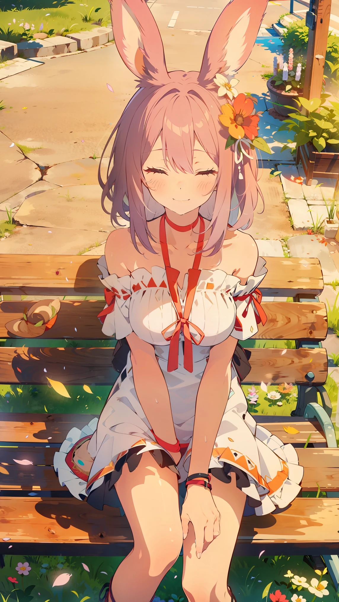 masterpiece, top quality, staring at the viewer ,
One girl from the Viera tribe is , Alone, smile, sitting, gradation shirt that Furakana has , shoulder cutout , braided , dress , Hair, ( closed eyes :1.1), , , long hair, bench, green, ãã©ã¹ , white dress , jewelry, clothing cutout , bangs, necklace, Floral, is blurry, hand Between the legs, is blurry background, Between the legs, bow, Face to face, big breasts, shoulder out, sun gradation shirt that Furakana has , straw gradation shirt that Furakana has , day, clavicle, hair bow, Short sleeve, feet off the frame, ribbon, Brown hat, on bench, depth of coverage, park bench, ^_^, shoulders with chocolate,
day, null, Flower Field , petals,