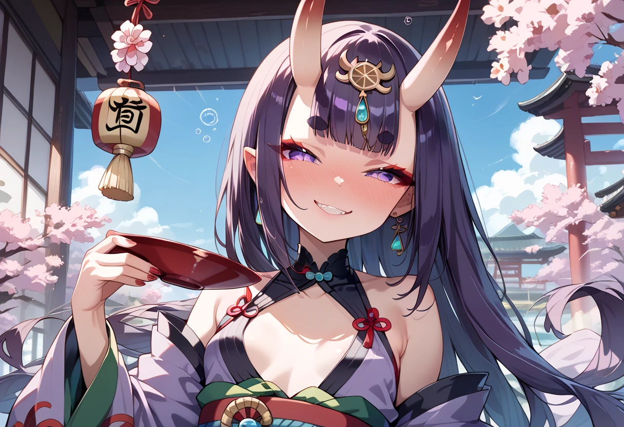 (masterpiece, detailed description of the best quality, ultra-detailed), one girl, sitting on a throne, solo, spread her legs, revealing clothes, shuten doji style, decorated with a headdress, wearing a purple kimono and obi, hands behind her head