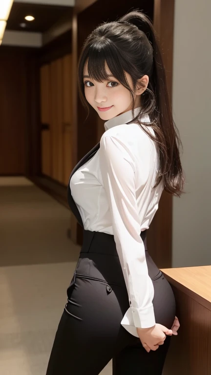 incredibly_absurdres, huge_filesize, (realistic, photo-realistic:1.4), ultra detailed, 4k, raw photo, (masterpiece:1.2), (best quality:1.2), physically-based rendering, (ulzzang-6500-v1.1:1.2), (original photo:1.2), (realistic:1.4), HD quality, day, in spring, beautiful detailed sky, beautiful flower field, beautiful peach blossom trees, jwy1, 1girl, (stewardess:1.2), solo, bishoujo, cute, black hair, hair bun, forehead, beautiful detailed eyes, aqua eyes, longeyelashes, cute face, looking at viewer, light smile, nose blush , (((closed mouth))), wedding_dress, bare_shoulders, mini skirt, zettai ryouiki, (see-through black half stocking:1.2), Stewardess shoes, long legs, slim legs, (detailed realistic skin, detailed beautiful realistic natural face:1.2), arms behind back , (dynamic angle, dynamic pose:1.1), (slender, medium detailed breasts, thin waist, medium thighs, tight ass, perfect figure:1.1), (glossy skin:1), light on the face, (cinematic light), lens flare, shade, backlighting, depth of field,(professional cinematic lighting, backlighting)