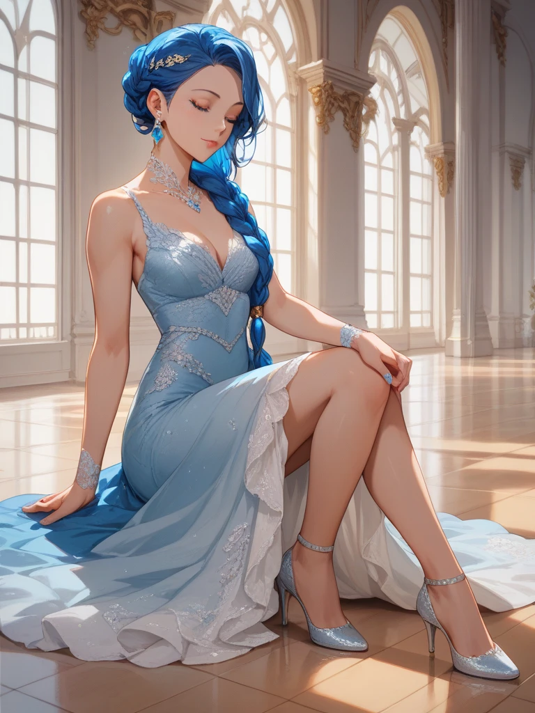 masterpice, Produce an ultra-realistic Instagram model of a beautiful woman: one woman, high heel sandals, full body, long blue hair,blue eyes, soft skin, sitting on a throne, legs open ,two legs only, no extra leg, beautiful blue dress, big breast, part of breast out, The image has a high resolution of 4K, with soft, natural lighting that enhances the model's skin tones and the blue color of their outfit, her legs uncovered,two legs only, bkue lips color, white skin, a sexy lady, a beautiful lady, and a beautiful face. perfect face, pretty face, goddess face