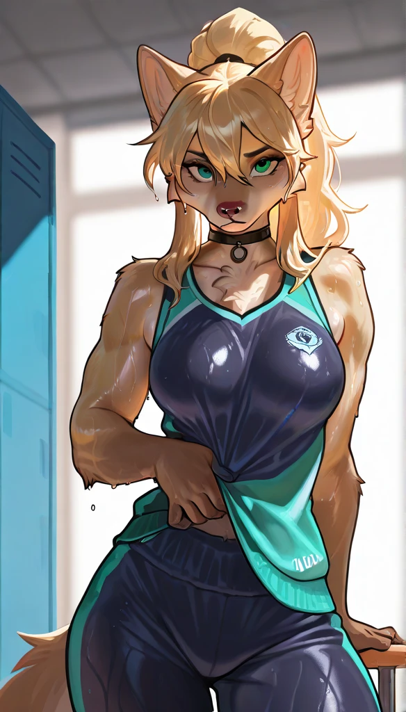 One girl, frown, serious face, platinum_blonde, bangs, ponytail, white_shirt_sleeveless, belly button, retrato