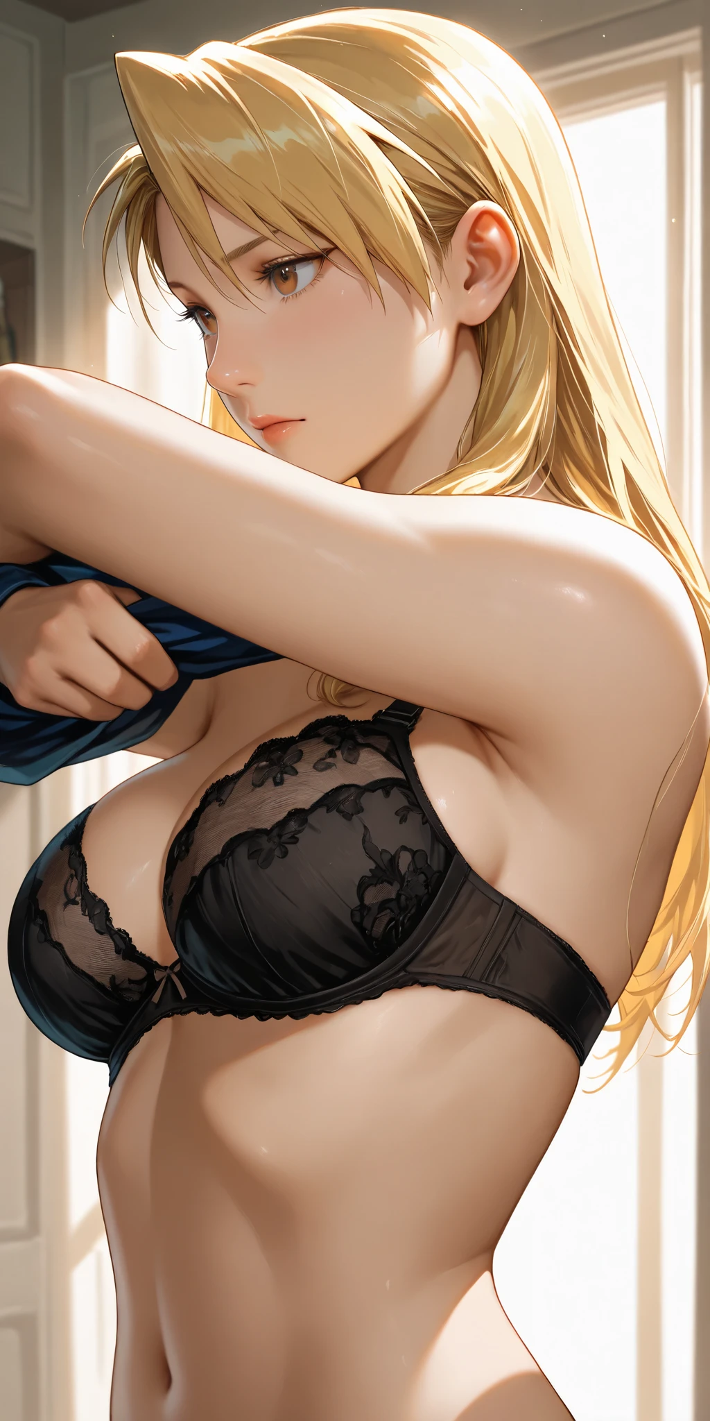 Masterpiece, very aesthetic, vibrant, high contrast, mature female, riza hawkeye, brown eyes, upper body, medium breast, removing her black bra, undressing, best quality, home, semrealistic, fullmetal alchemist art style