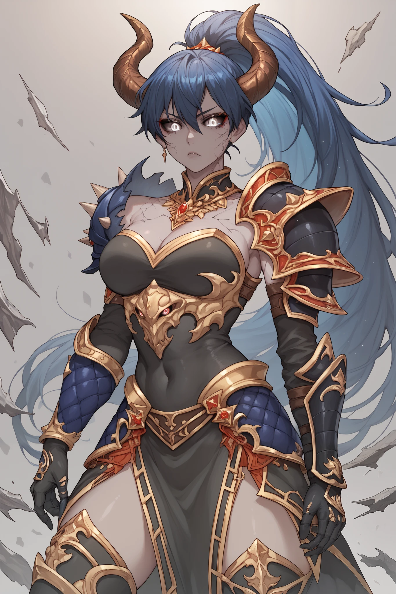 Gray skin,Monster woman, white eyes, black sclera, sunken eyes, cracks in the skin, Black dress with gold details, black metal boots and gold details, Black long metal gloves with gold details, Black shoulder pads with gold details,dark Blue hair,Serious face, Wide brown horns,Ponytail , Spiked armor,Monstrous