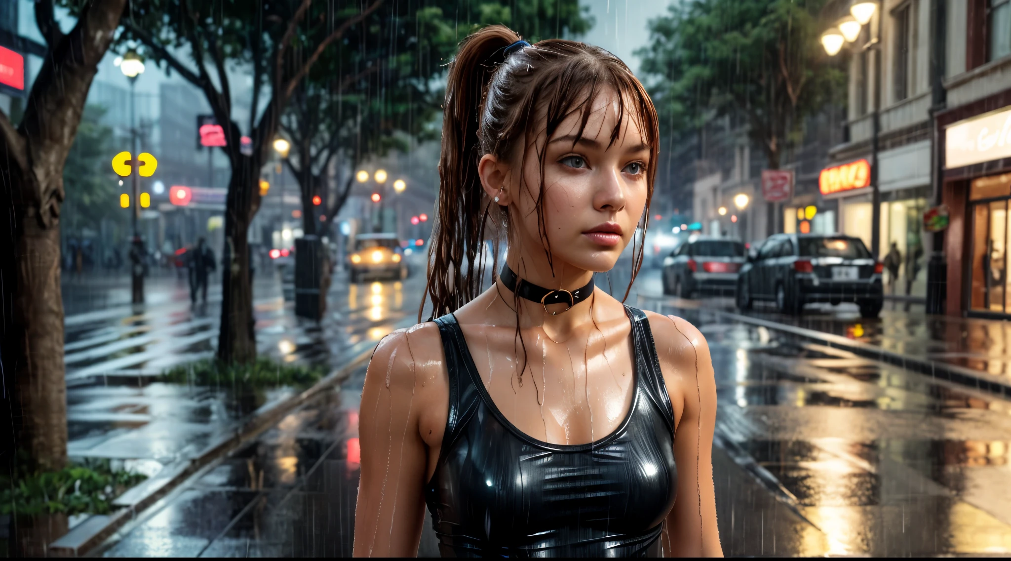 (best_quality, masterpiece:1.2), (highly detailed), (uhd, high_resolution, highres), girl, t-shirts, shorts, (wet clothes:1.2), ponytail, bangs, (wet hair:1.2), (looking at viewer:1.8), raining, heavy rain, street, street lamp, city, realism, under a tree, walking, seductive, bright copper hair, hair between eyes, long hair, sleeveless, latex choker, cincher,