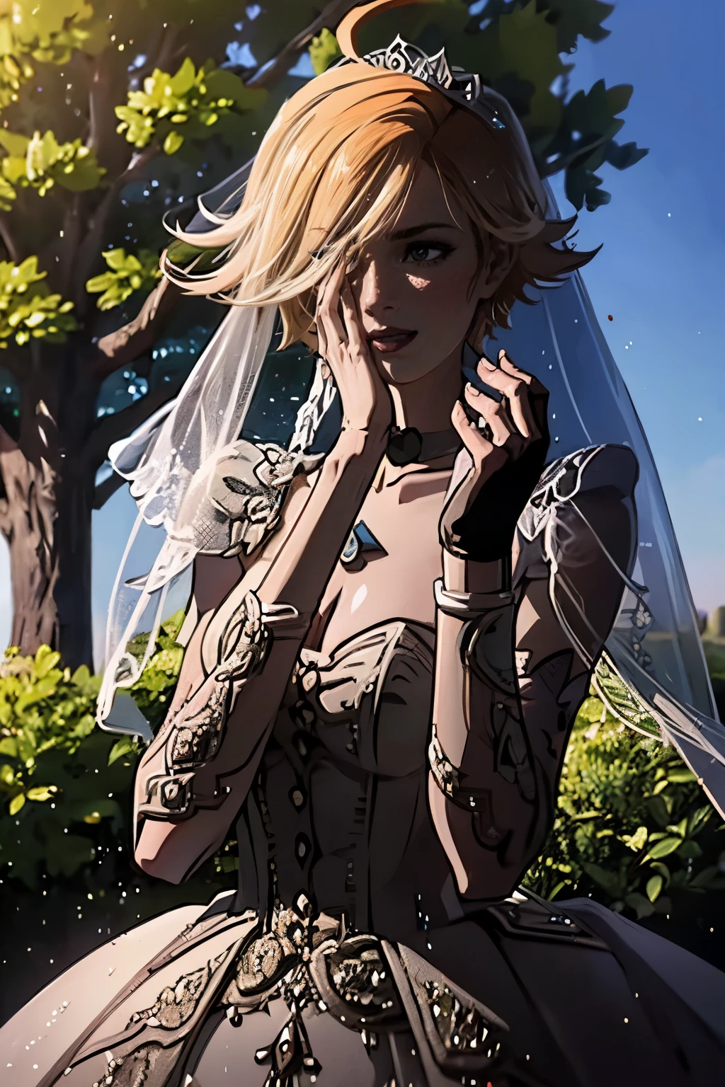 Lilith Borderlands, hair between eyes, ahoge, blonde hair, star \(symbol\), hair ornament, ruffled tulle dress, cleavage, bare shoulders, collarbone, long black elbow gloves, black gloves, black dress, black choker, strapless, tiara, veil, strapless dress, princess dress, veil, beautiful woman, perfect body, perfect breasts, wearing a princess dress, ball gown, in the park trees, wedding decorations, a warm smile, realism, masterpiece, textured skin, super detail, high detail, high quality, best quality, 1080p, 16k