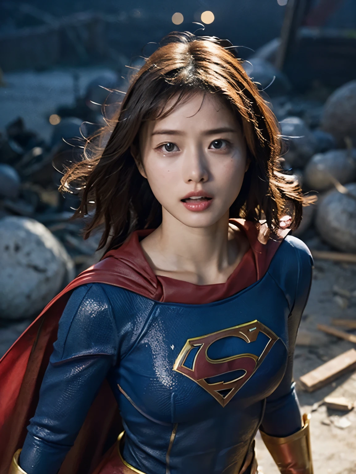 supergirl, A shiny costume, There are blood stains and dirt on it, torn clothes, Frightened expression , There are 、 Focus on the Face , high definition, masterpiece, struggling against a strong enemy, Ryona, Zutaboro,