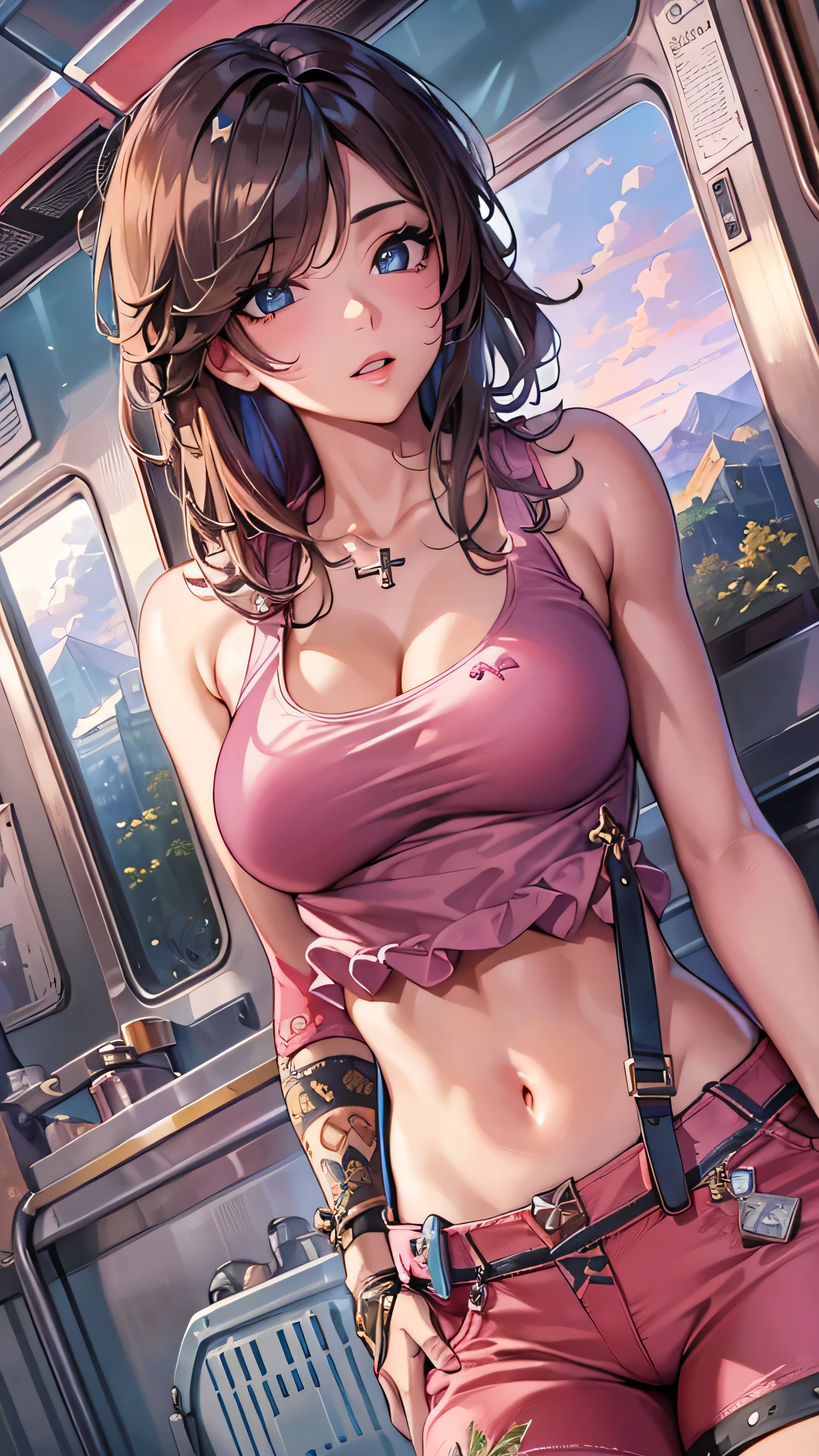 Anime style, Painting, absurderes、perfect anatomia、long hair, bra very、Bra visible from clothes、Braline、breastsout、long hair, cleavage of the breast、clavicle、from above、big breasts, see -through, solo, perfect body, Wavy brown hair, green eyes, hair pulled back into a beautiful ponytail, Detailed eyes and face, pink torn top, torn shorts, wasteland, laura croft, golden hour, complex parts, full body