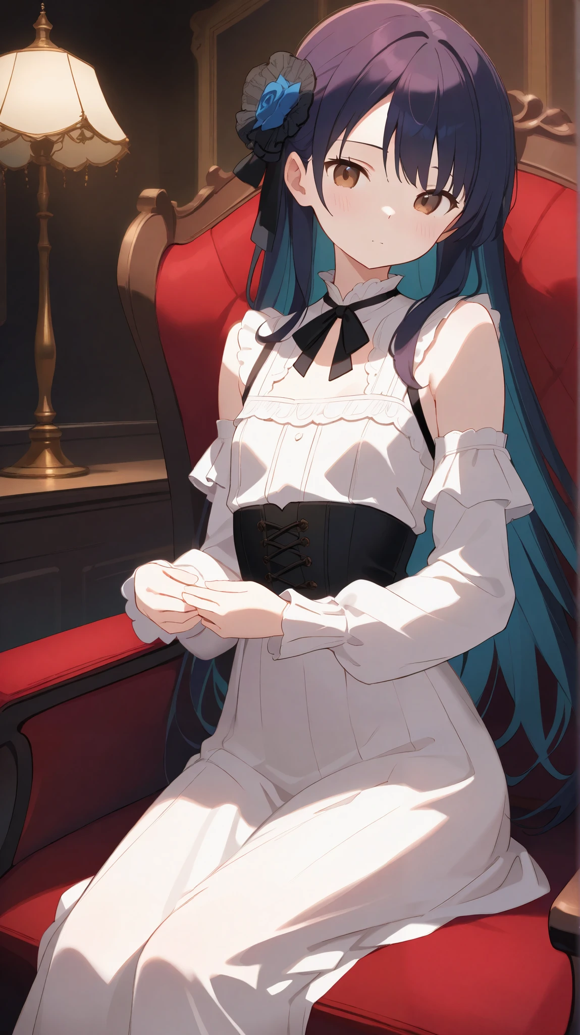 score_9, score_8_ up the side , score_7_ up the side ,rating_safe,20 years old,8k,4K,16k, More details , beautiful, beautiful, masterpiece, top quality, atmosphere, mystery, Romanticism, creepy , literature, art, fashion, Victorian , Decoration, complicated , Ironwork, meditation, Depth of emotion , S up the sideernatural , in the seat, white skin,delicate, very skinny,bangs, Moderate bust, brown eyes, skinny , slender , short,thin body, young, かわいい young女の子 ,Narrow shoulders, is present, Japanese