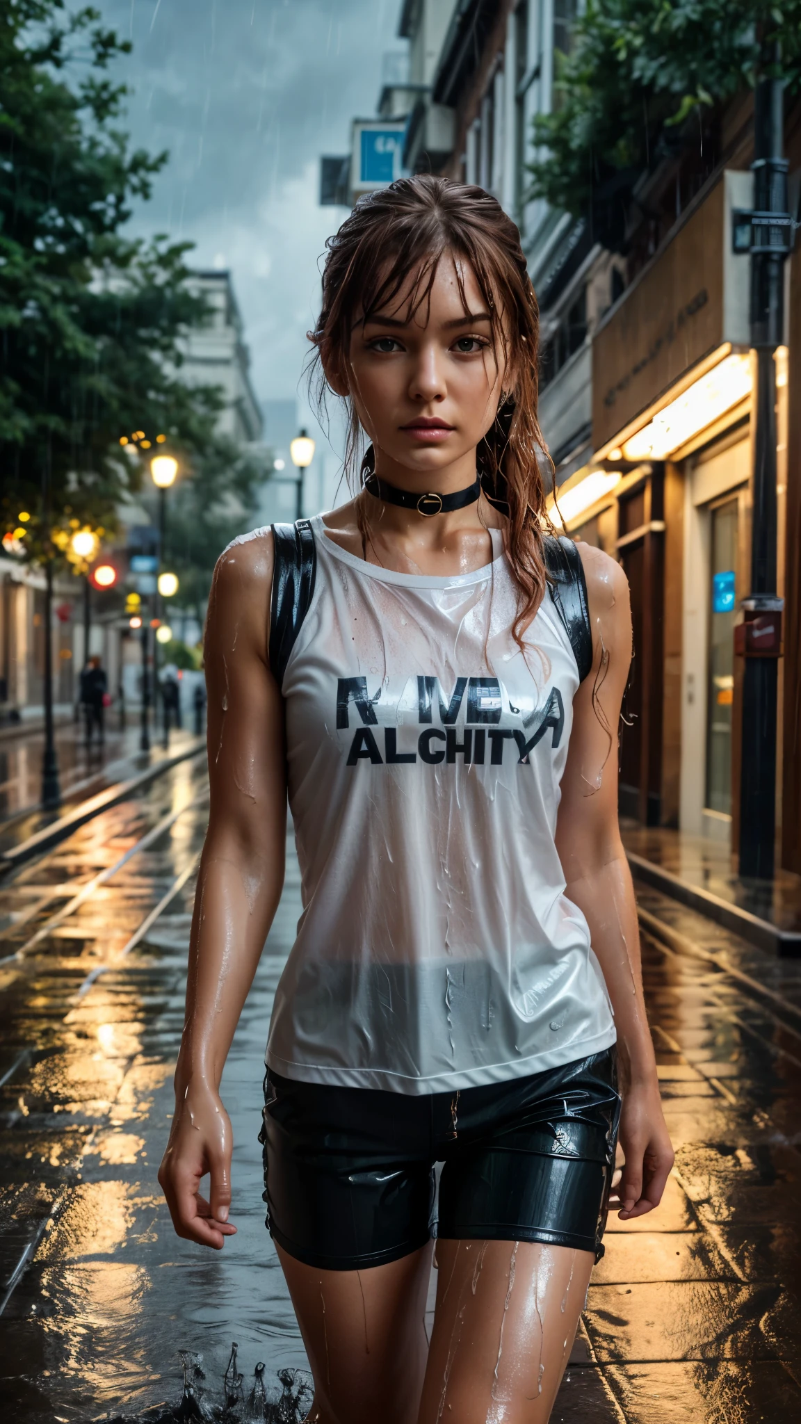 (best_quality, masterpiece:1.2), (highly detailed), (uhd, high_resolution, highres), girl, t-shirts, shorts, (wet clothes:1.2), ponytail, bangs, (wet hair:1.2), looking at viewer, raining, heavy rain, street, street lamp, city, realism, under a tree, walking, seductive, bright copper hair, hair between eyes, long hair, sleeveless, latex choker, cincher,