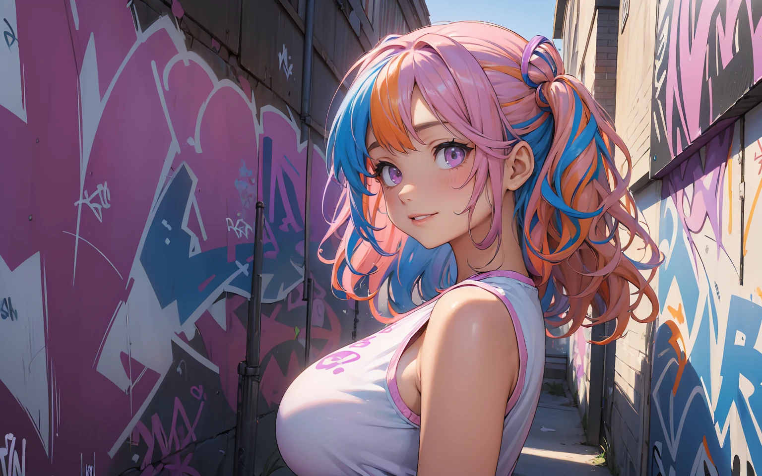 Sexy woman,Beautiful pink and light blue hair Cinema lighting, Ultra-high resolution, Accurate, Super detailed, Textured skin, High detail, highest quality, 8k,Thin bangs, Detailed Hair,Focus on the face,Graffiti WallHIP-HOP Fashion,Ripped jeans,Alley,Oblique angle,Tribal Tattoos,