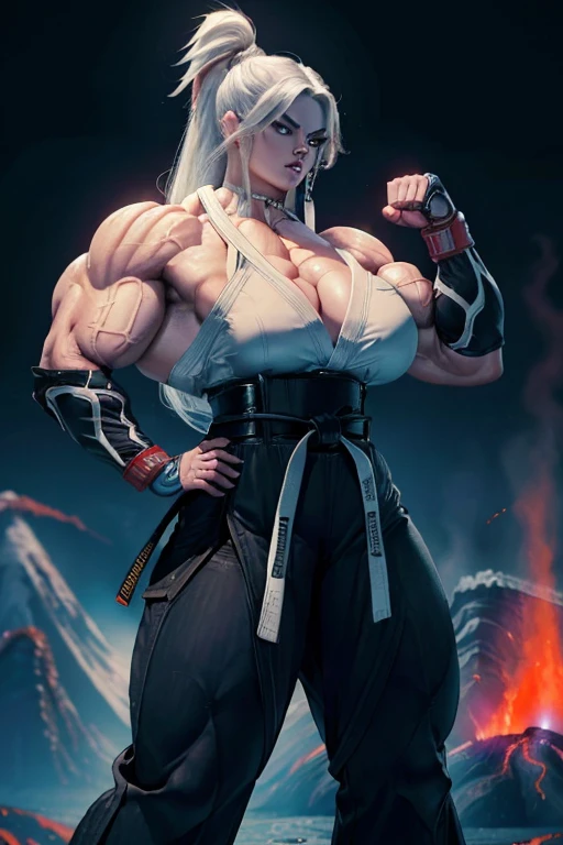 ((((Massive tall, beautiful, buff, brown skinned muscular woman with white hair, black lipstick, ginormous bulky muscles and glad in samurai white armor with pants)))), close view, massive muscle, massive biceps, hyper muscle shoulders, massive shoulders, hyper muscle triceps, (long straight hair), blue eyes, (samurai boots), confident smile, ((in a battlefield)), evening, hyper vascular arm, hyper muscles arms, hyper muscle legs, massive arms.
