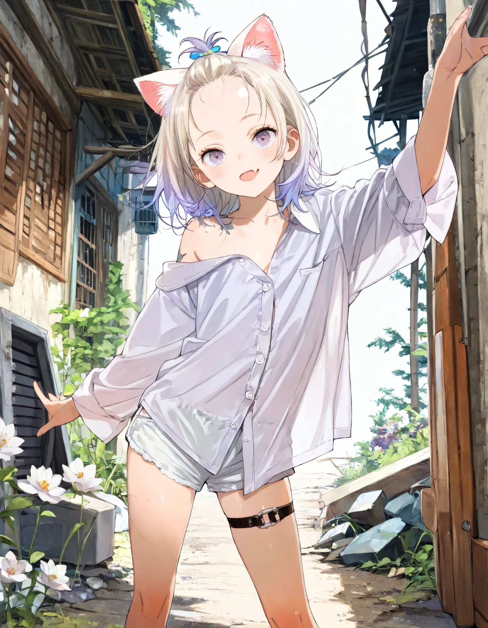 ((toi8 style)), ((Masterpiece)), ((best quality)), (8K), (wide shot), cinematic lighting, (detailed background:1.2), (super detail:1.2),(High Definition:1.3), (Professional Photography:1.2), (very aesthetic:1.2), (absurdres:1.2), (sharp focus), ((1girl)), age Girl, (Textured skin), (Realistic skin), (pale purple eyes, gradient eyes, upturned eyes), (platinum-gold hair), (bangs pinned back, cute forehead), gradient hair, blue color Hair Tip, (medium hair), small breast, (Healthy Gaunt body), (open mouth wide, skin fang), seductive smile, blush, (cute cheeks), glossy lips, pouty lips, (lower eyelashes), (tilt head), put on cat ears, BREAK, ((Oversized loose buttoned shirt, shirt overhang, collared shirt)), (bare left shoulder, slightly exposed small chest), braid belt, white shorts, (Ethnic thigh_strap), ((reaching arm at viewer)), ((contrapposto, legs apart)), outside the ruins covered with Beautiful many Lilies, White Lilies Blooming,