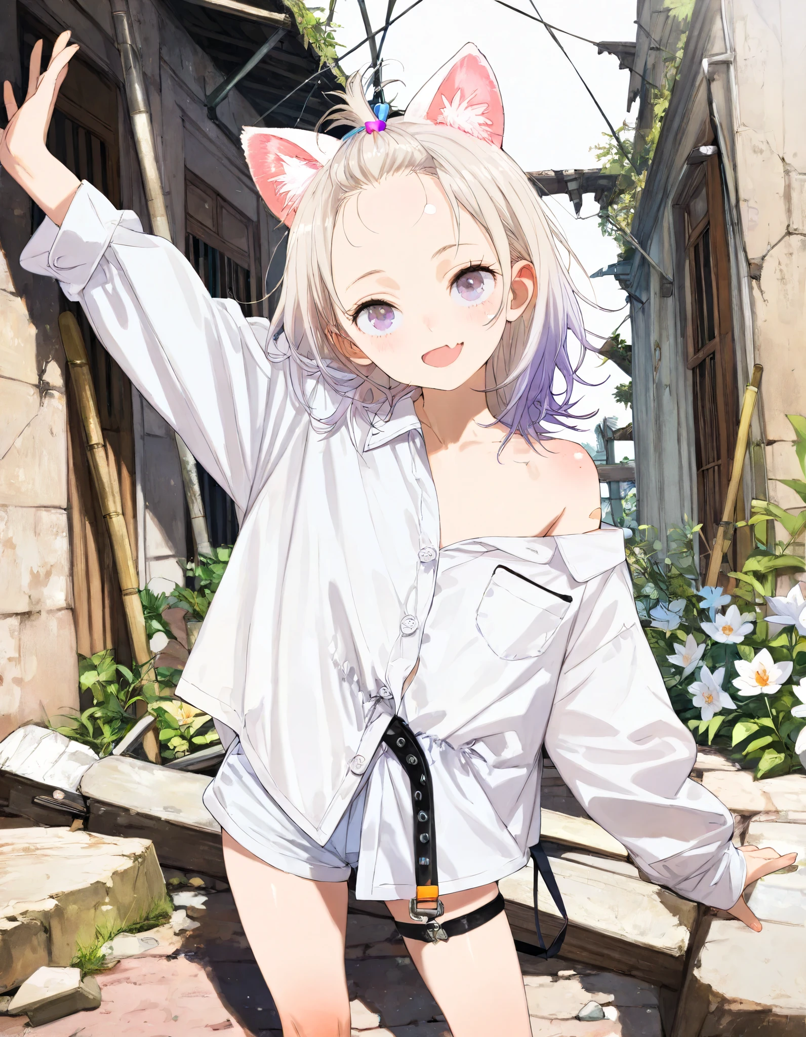 ((toi8 style)), ((Masterpiece)), ((best quality)), (8K), (wide shot), cinematic lighting, (detailed background:1.2), (super detail:1.2),(High Definition:1.3), (Professional Photography:1.2), (very aesthetic:1.2), (absurdres:1.2), (sharp focus), ((1girl)), age Girl, (Textured skin), (Realistic skin), (pale purple eyes, gradient eyes, upturned eyes), (platinum-gold hair), (bangs pinned back, cute forehead), gradient hair, blue color Hair Tip, (medium hair), small breast, (Healthy Gaunt body), (open mouth wide, skin fang), seductive smile, blush, (cute cheeks), glossy lips, pouty lips, (lower eyelashes), (tilt head), put on cat ears, BREAK, ((Oversized loose buttoned shirt, shirt overhang, collared shirt)), (bare left shoulder, slightly exposed small chest), braid belt, white shorts, (Ethnic thigh_strap), ((reaching arm at viewer)), ((contrapposto, legs apart)), outside the ruins covered with Beautiful many Lilies, White Lilies Blooming,