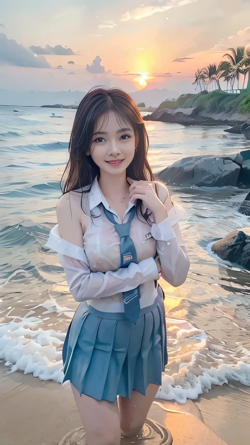 20 yo Indonesian girls in school uniforms playing in the water, at the beach, sunset, twilight hour, magic hour, wet sand, waves, long sleeves, 2 girls, (cardigan), ((loose tie)), ((pleated skirt)), closeup fantasy with water magic, beautiful maidens, playful, (splashing) wearing a skirt made of water, cleavage, photorealistic, dripping wet, in water up to their shoulders, beautiful realistic photo, nymph in the water, hyperrealist portrait at seaside, hyperrealistic fantasy photo, splashing, playing with each other, cute shot, narrow depth of field, 8k, ((drenched)), ((soaked)), (dripping water), dripping oil, heavy clothes, soaked in oil, wet all over, rouge lipstick, wet dripping hair, varied hair, smiling, ((see throug, varied poses, tropical beach