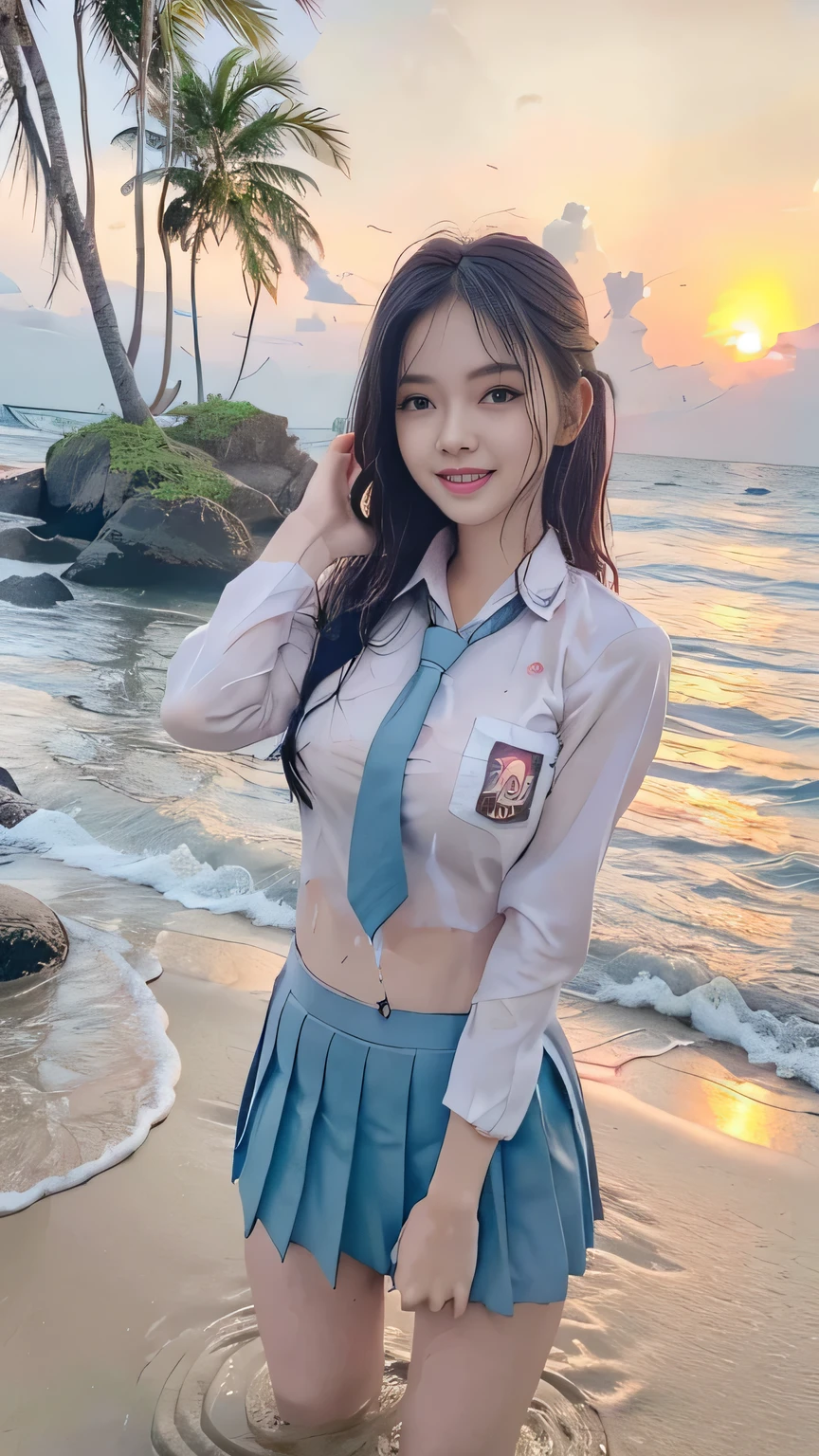 20 yo Indonesian girls in school uniforms playing in the water, at the beach, sunset, twilight hour, magic hour, wet sand, waves, long sleeves, 2 girls, (cardigan), ((loose tie)), ((pleated skirt)), closeup fantasy with water magic, beautiful maidens, playful, (splashing) wearing a skirt made of water, cleavage, photorealistic, dripping wet, in water up to their shoulders, beautiful realistic photo, nymph in the water, hyperrealist portrait at seaside, hyperrealistic fantasy photo, splashing, playing with each other, cute shot, narrow depth of field, 8k, ((drenched)), ((soaked)), (dripping water), dripping oil, heavy clothes, soaked in oil, wet all over, rouge lipstick, wet dripping hair, varied hair, smiling, ((see throug, varied poses, tropical beach