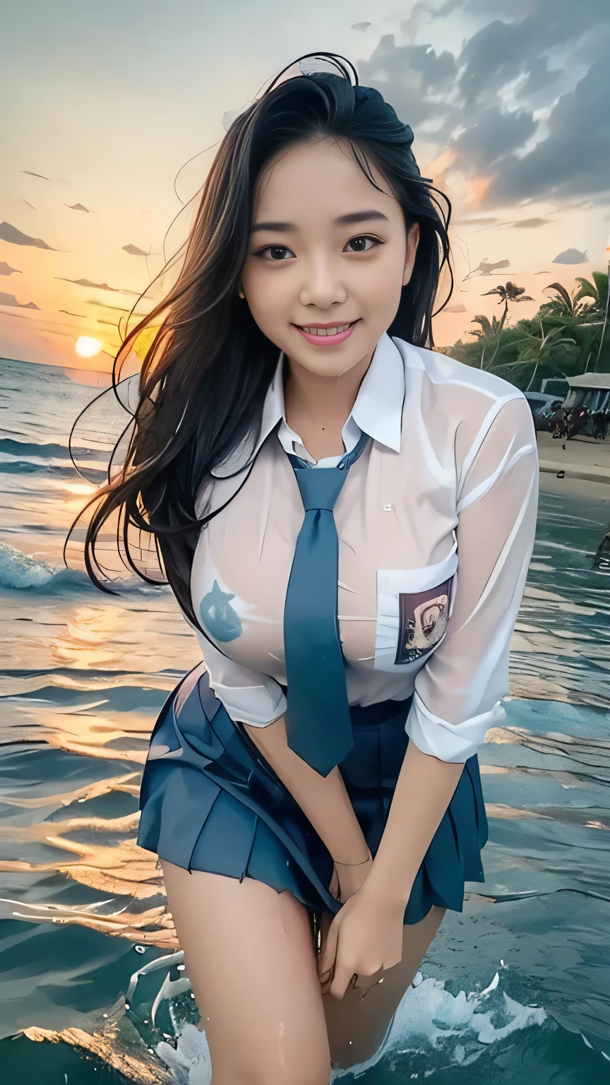 20 yo Indonesian girls in school uniforms playing in the water, at the beach, sunset, twilight hour, magic hour, wet sand, waves, long sleeves, 2 girls, (cardigan), ((loose tie)), ((pleated skirt)), closeup fantasy with water magic, beautiful maidens, playful, (splashing) wearing a skirt made of water, cleavage, photorealistic, dripping wet, in water up to their shoulders, beautiful realistic photo, nymph in the water, hyperrealist portrait at seaside, hyperrealistic fantasy photo, splashing, playing with each other, cute shot, narrow depth of field, 8k, ((drenched)), ((soaked)), (dripping water), dripping oil, heavy clothes, soaked in oil, wet all over, rouge lipstick, wet dripping hair, varied hair, smiling, ((see throug, varied poses, tropical beach