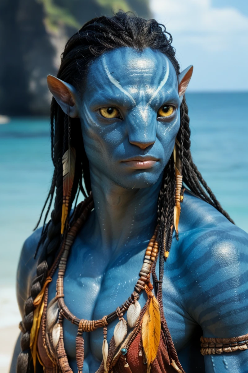 male, 1boy, portrait, looking at the viewer, muscular limbs, detailed yellow eyes, blue skin, braided long hair, black hair, tail, big pointy ears, four fingered hands, wearing tribal clothing, beach background, solo, n4vi, score_9, score_8_up, score_7_up, score_6_up, neytiri
