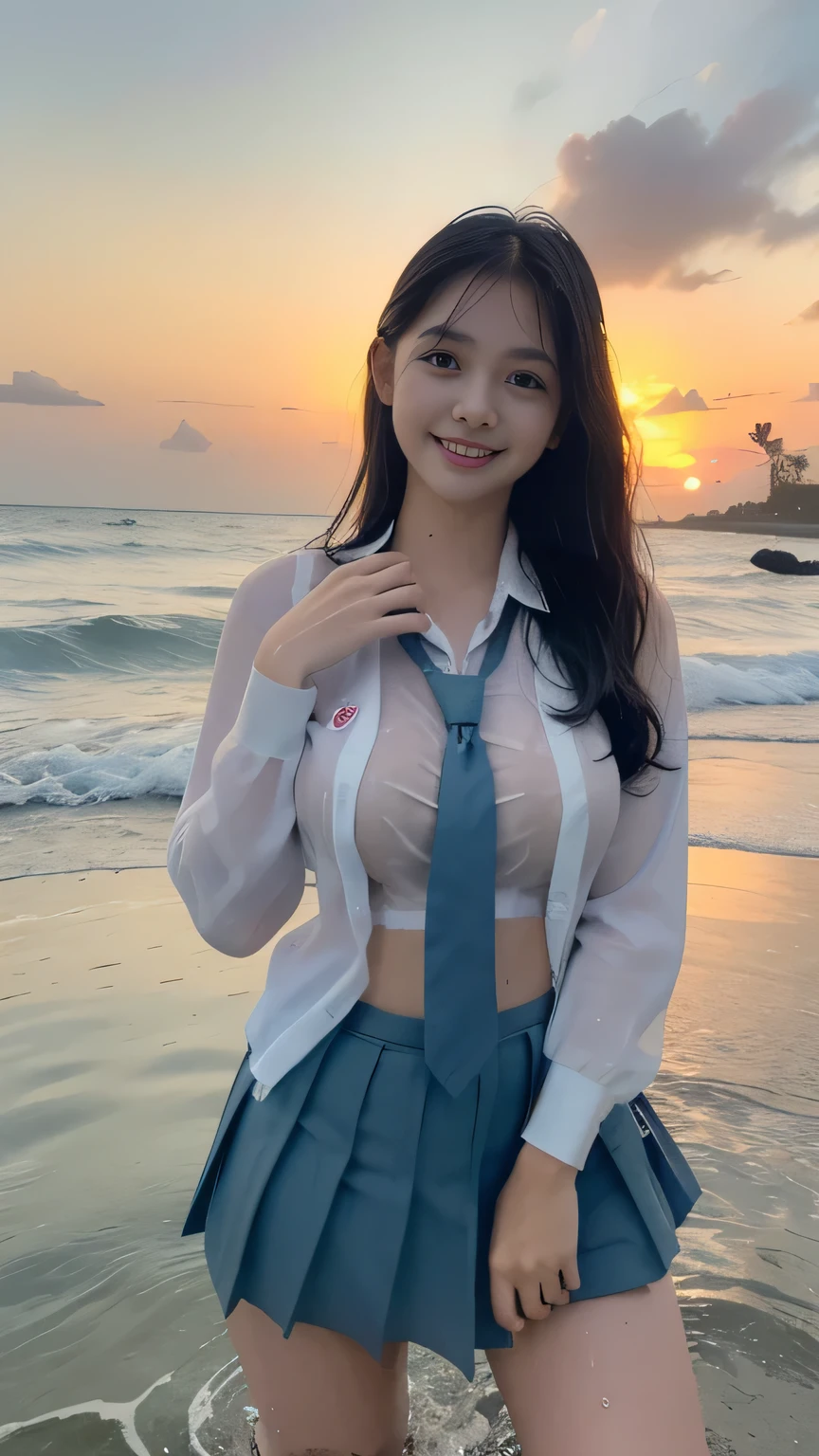 20 yo Indonesian girls in school uniforms playing in the water, at the beach, sunset, twilight hour, magic hour, wet sand, waves, long sleeves, 2 girls, (cardigan), ((loose tie)), ((pleated skirt)), closeup fantasy with water magic, beautiful maidens, playful, (splashing) wearing a skirt made of water, cleavage, photorealistic, dripping wet, in water up to their shoulders, beautiful realistic photo, nymph in the water, hyperrealist portrait at seaside, hyperrealistic fantasy photo, splashing, playing with each other, cute shot, narrow depth of field, 8k, ((drenched)), ((soaked)), (dripping water), dripping oil, heavy clothes, soaked in oil, wet all over, rouge lipstick, wet dripping hair, varied hair, smiling, ((see throug, varied poses, tropical beach