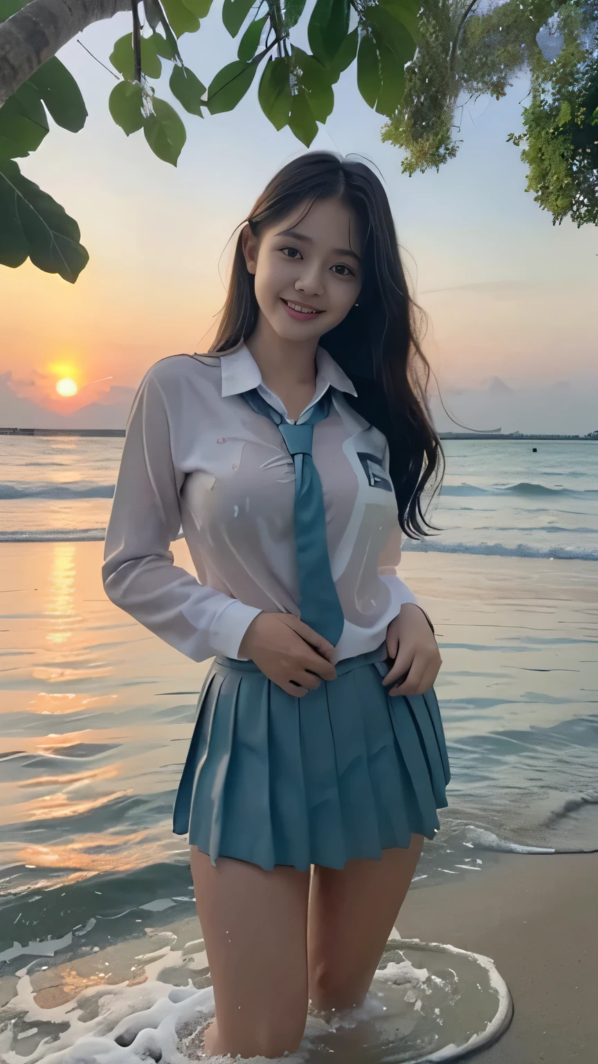 20 yo Indonesian girls in school uniforms playing in the water, at the beach, sunset, twilight hour, magic hour, wet sand, waves, long sleeves, 2 girls, (cardigan), ((loose tie)), ((pleated skirt)), closeup fantasy with water magic, beautiful maidens, playful, (splashing) wearing a skirt made of water, cleavage, photorealistic, dripping wet, in water up to their shoulders, beautiful realistic photo, nymph in the water, hyperrealist portrait at seaside, hyperrealistic fantasy photo, splashing, playing with each other, cute shot, narrow depth of field, 8k, ((drenched)), ((soaked)), (dripping water), dripping oil, heavy clothes, soaked in oil, wet all over, rouge lipstick, wet dripping hair, varied hair, smiling, ((see throug, varied poses, tropical beach