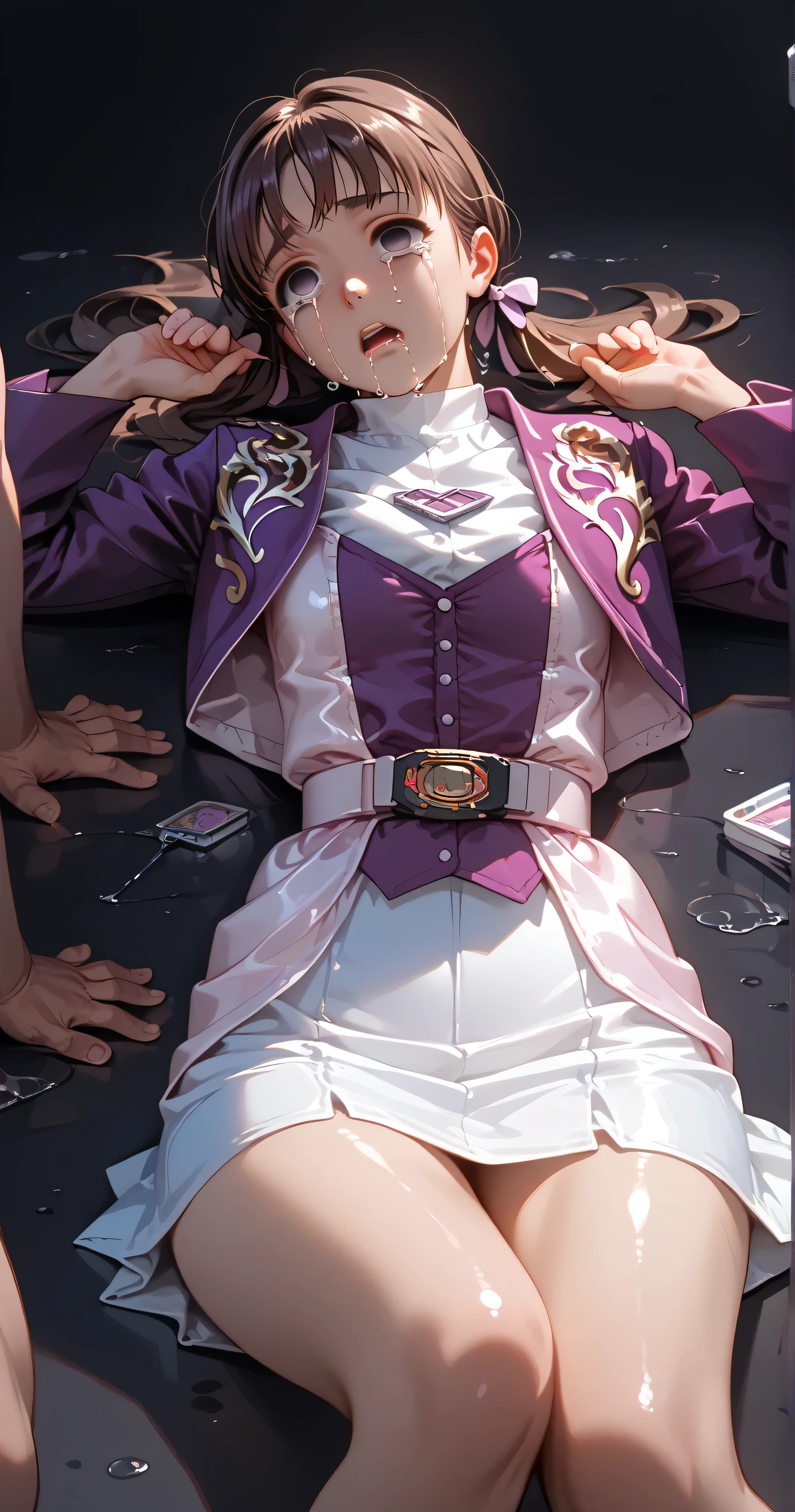 ( High-definition CG), ( top quality ),(( getting raped by completely naked men)),(( black background)),((In a dark prison)),(( 1girl )), perfect face, shiny skin , wide hips , thin waist, purple bolero jacket ,(( white skirt )), Long Sleeve , pink belt,((brown hair color )),((Straight Hair)),((Composition showing the part above the knee where the eyebrows are bent in the shape of a C )),(( crying face)),((empty eyes)),((Lie on the ground with your back)),