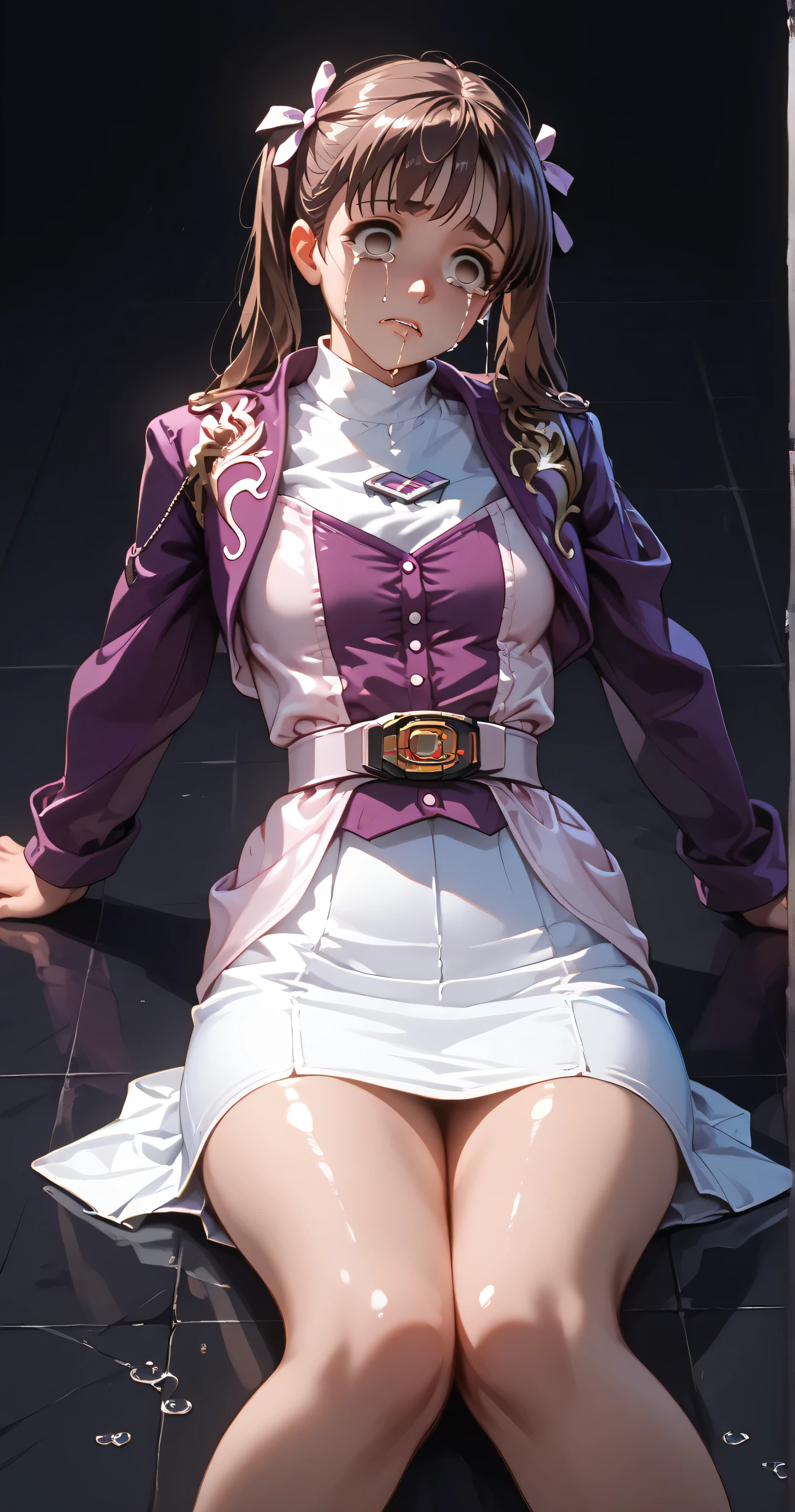( High-definition CG), ( top quality ),(( getting raped by completely naked men)),(( black background)),((In a dark prison)),(( 1girl )), perfect face, shiny skin , wide hips , thin waist, purple bolero jacket ,(( white skirt )), Long Sleeve , pink belt,((brown hair color )),((Straight Hair)),((Composition showing the part above the knee where the eyebrows are bent in the shape of a C )),(( crying face)),((empty eyes)),((Lie on the ground with your back)),